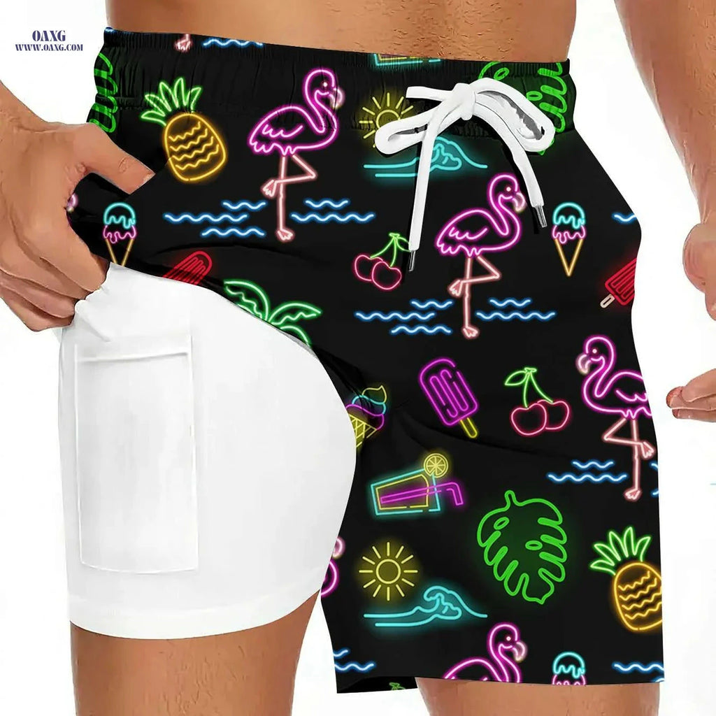 Men's Quick-Dry Tropical Swim Shorts - Neon Flamingo & Pineapple Design   OAXG Mixed Color / S
