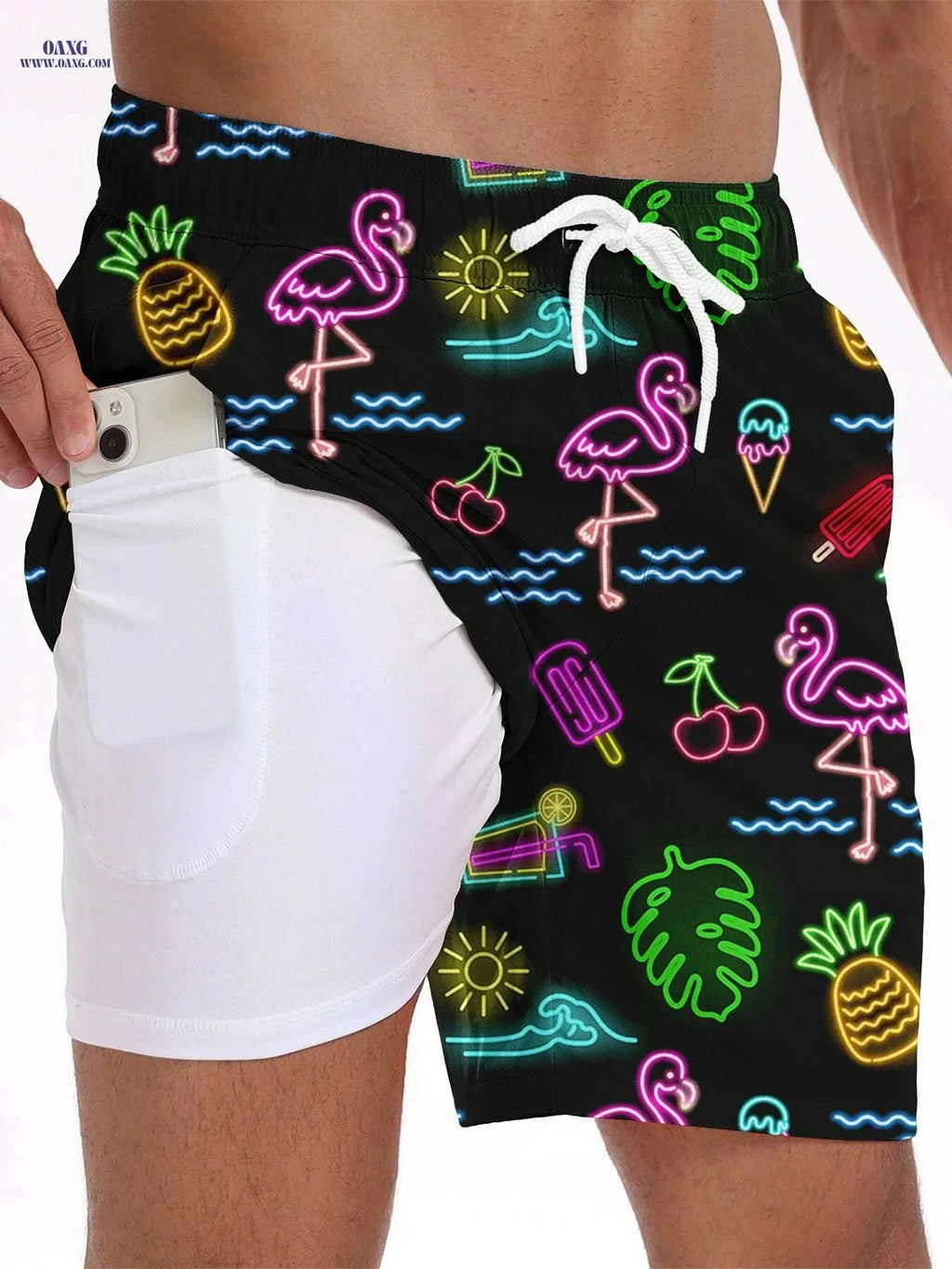 Men's Quick-Dry Tropical Swim Shorts - Neon Flamingo & Pineapple Design   OAXG Mixed Color / S