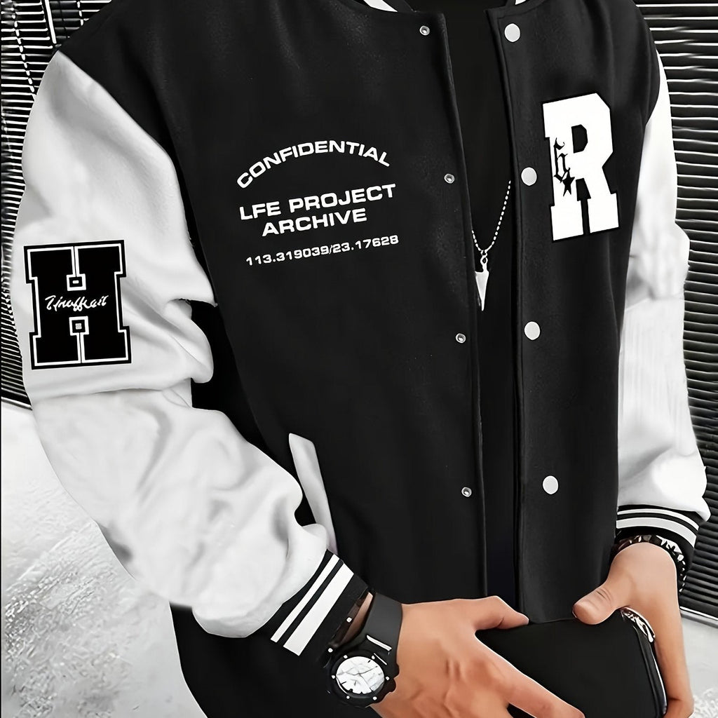 Men's R-Letter Patchwork Baseball Jacket - Casual Street Style   OAXG 