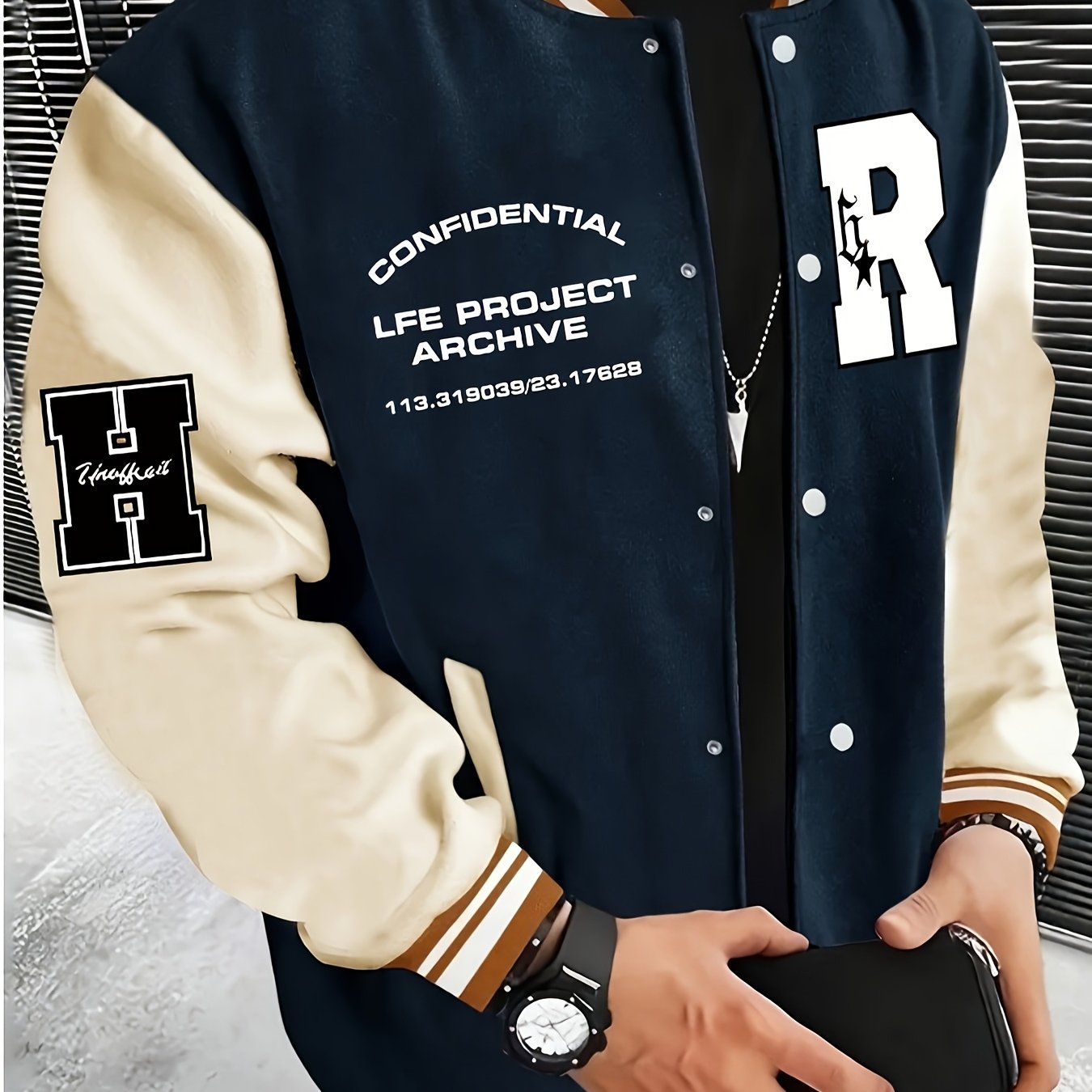Men's R-Letter Patchwork Baseball Jacket - Casual Street Style   OAXG 