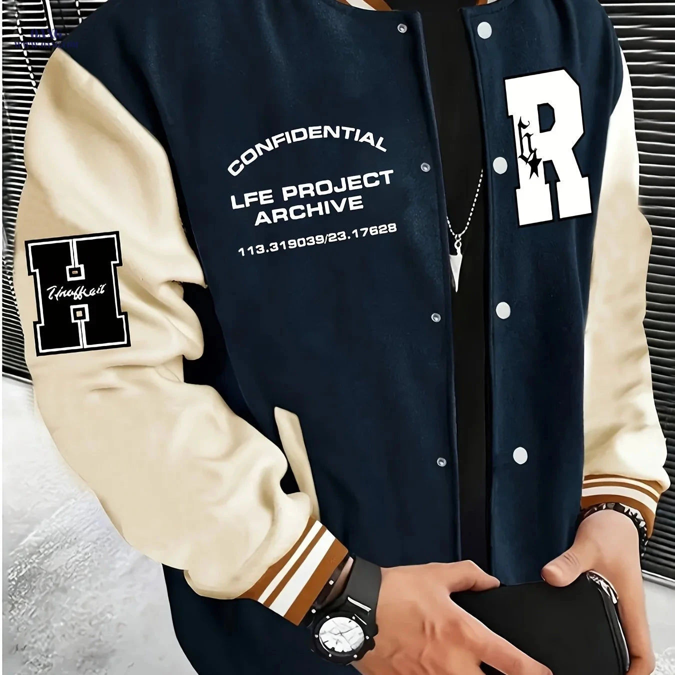 Men's R-Letter Patchwork Baseball Jacket - Casual Street Style   OAXG Black / FR S