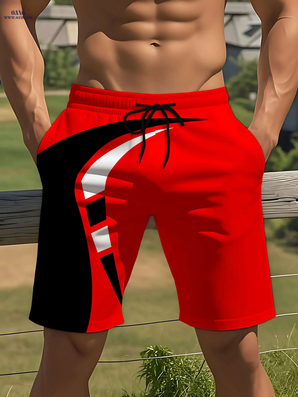 Men's Red & Black Print Shorts - Casual Swim Trunks with Adjustable Waistband   OAXG Red / S