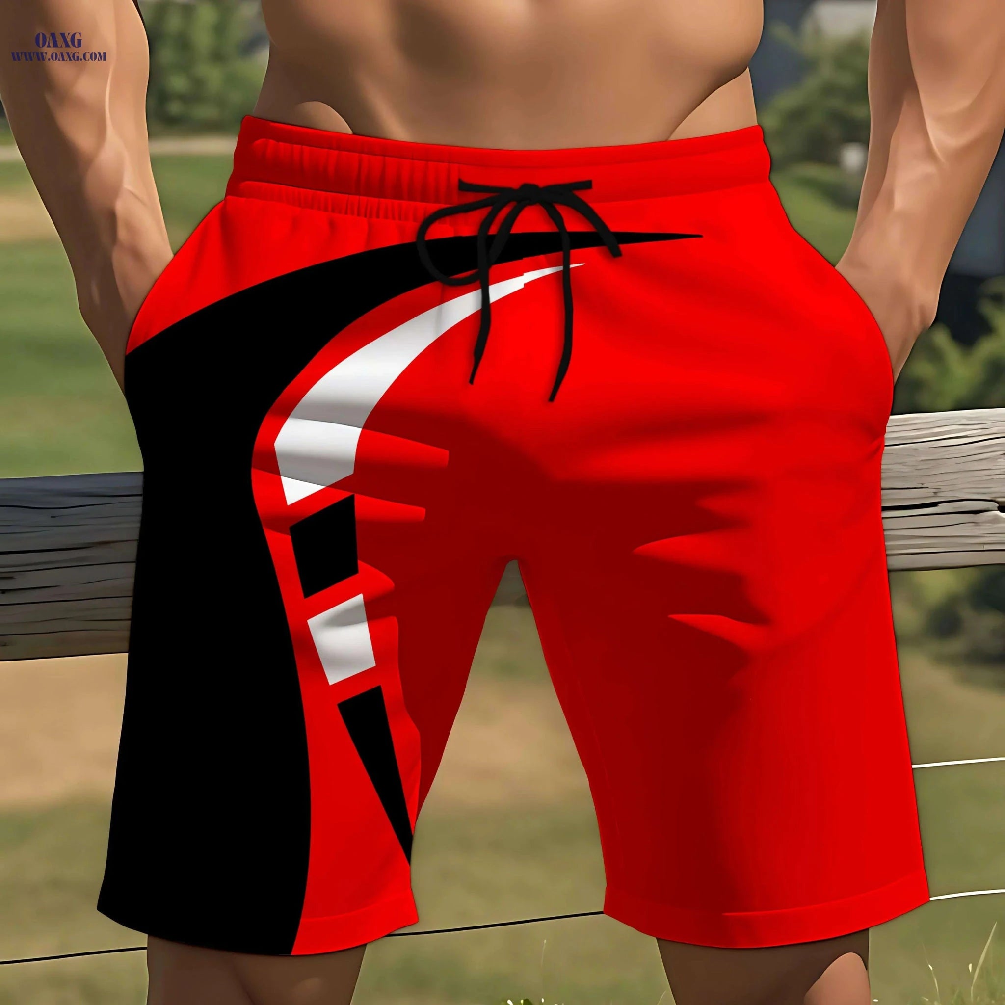 Men's Red & Black Print Shorts - Casual Swim Trunks with Adjustable Waistband   OAXG Red / S