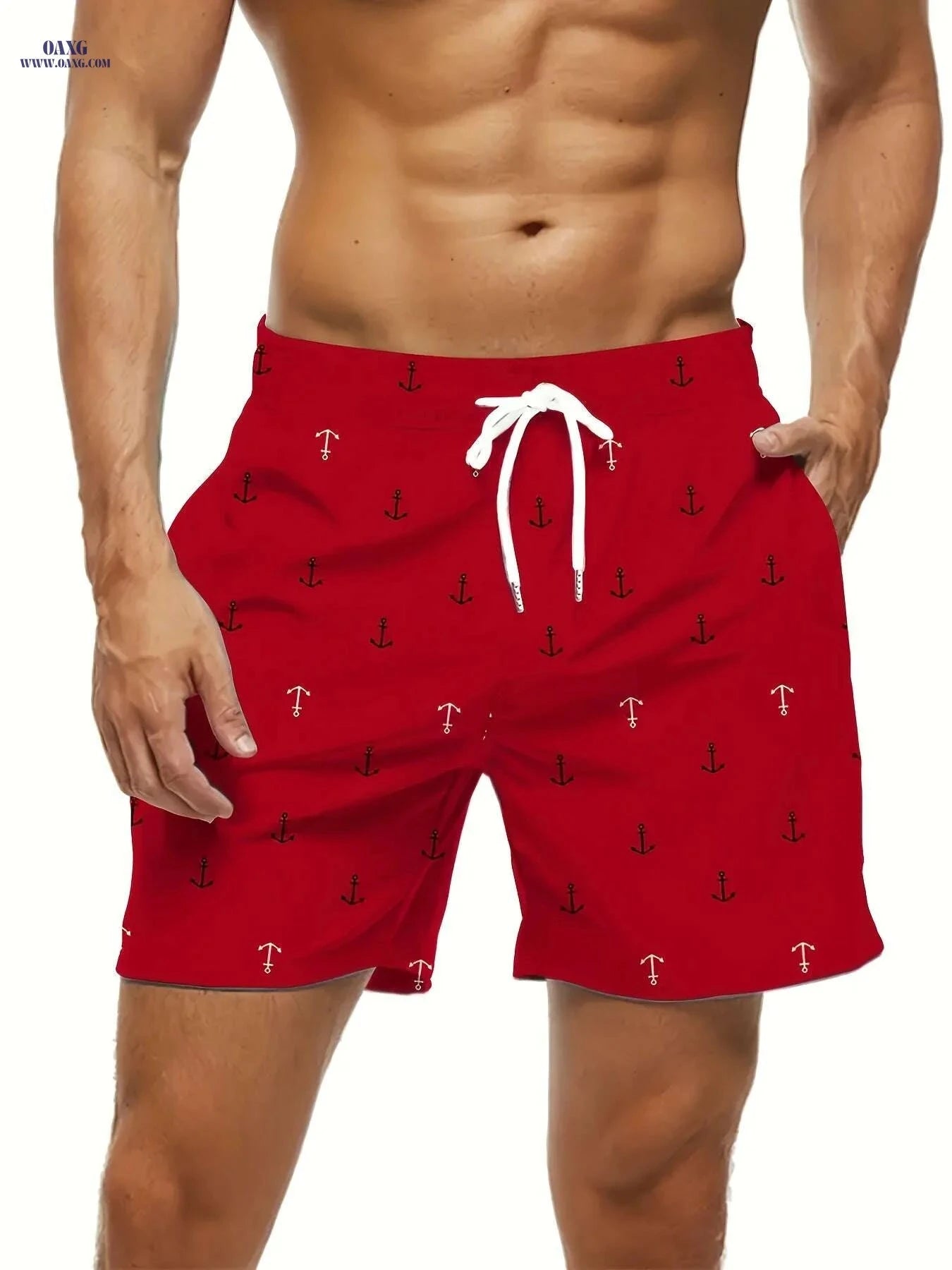 Men's Red Nautical Anchor Print Beach Shorts - Lightweight Casual Wear   OAXG 