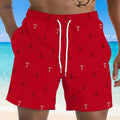Men's Red Nautical Anchor Print Beach Shorts - Lightweight Casual Wear   OAXG 