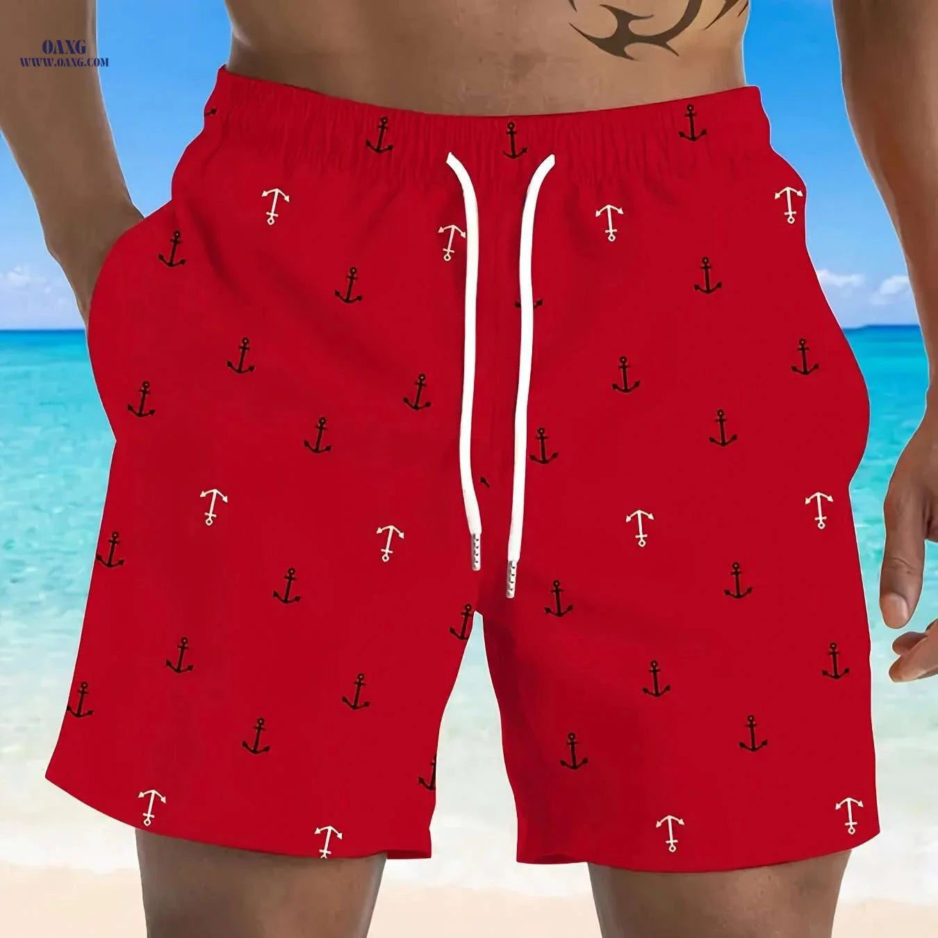 Men's Red Nautical Anchor Print Beach Shorts - Lightweight Casual Wear   OAXG 