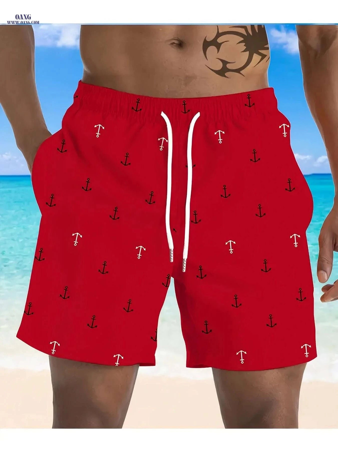 Men's Red Nautical Anchor Print Beach Shorts - Lightweight Casual Wear   OAXG 