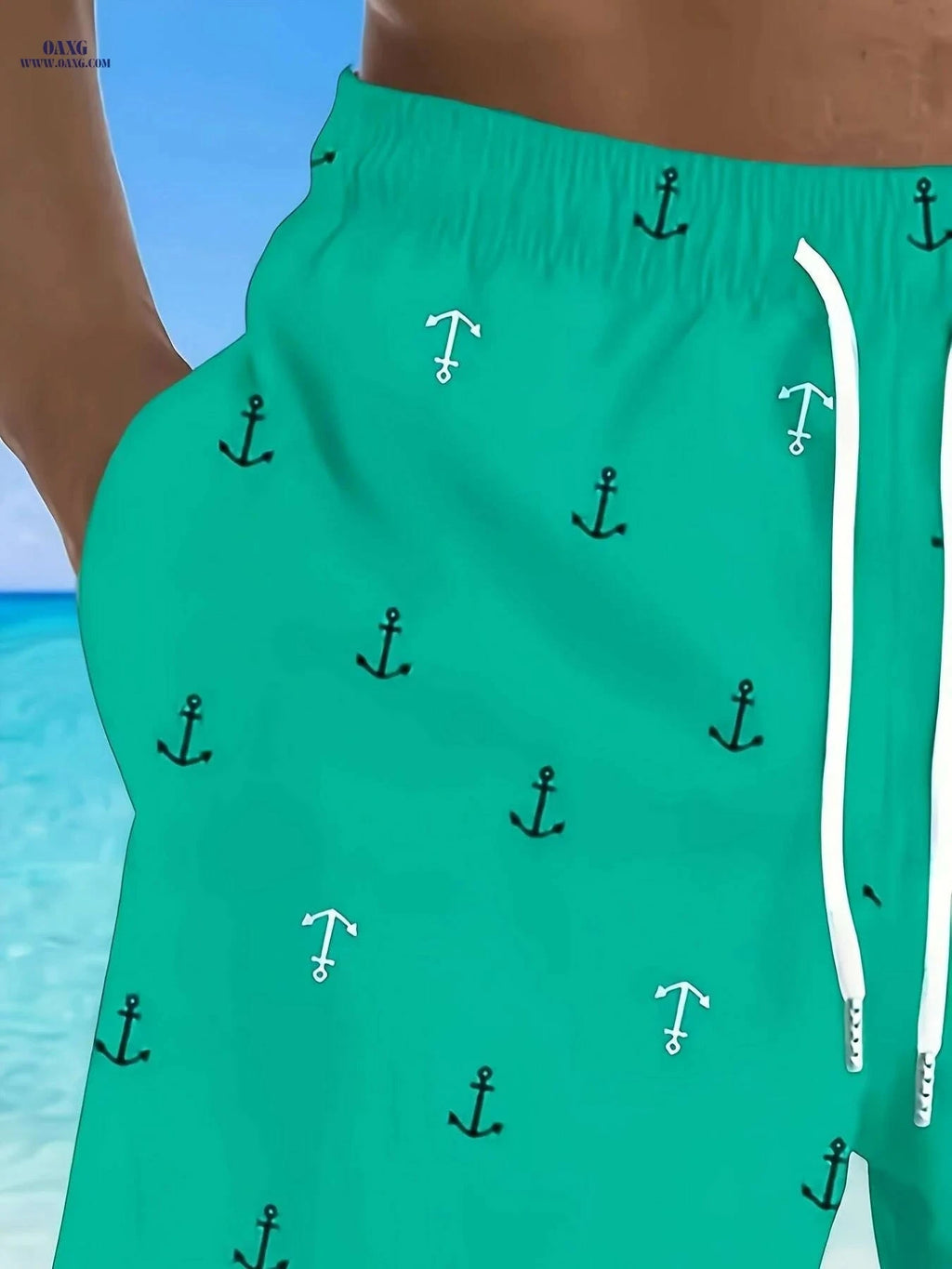 Men's Red Nautical Anchor Print Beach Shorts - Lightweight Casual Wear   OAXG Red / S