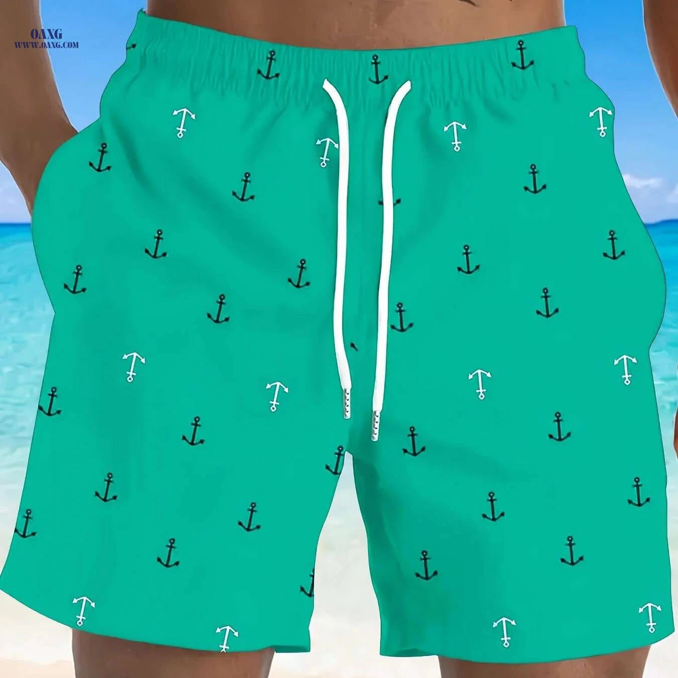 Men's Red Nautical Anchor Print Beach Shorts - Lightweight Casual Wear   OAXG Red / S