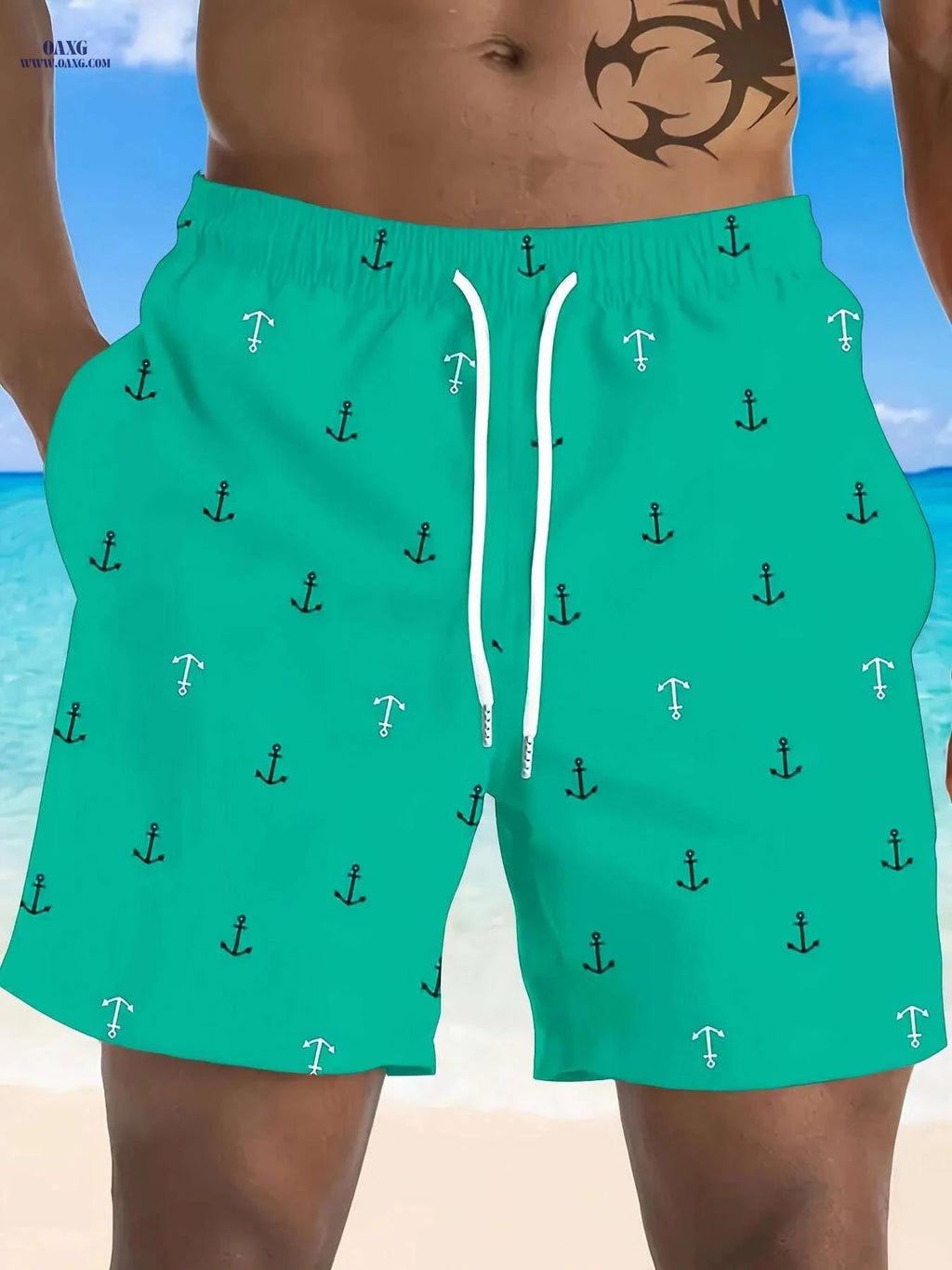 Men's Red Nautical Anchor Print Beach Shorts - Lightweight Casual Wear   OAXG Red / S