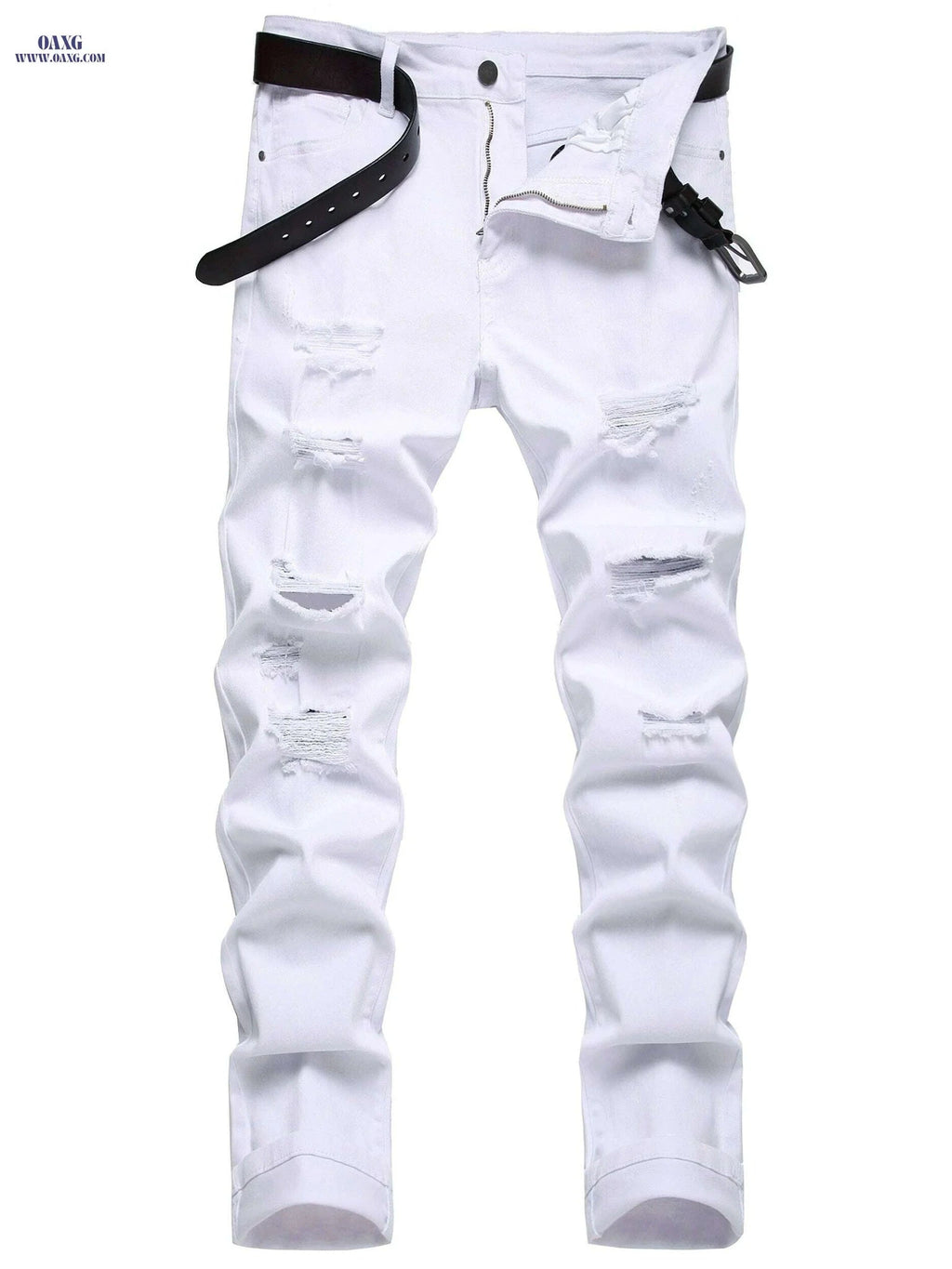 Men's Red Ripped Casual Jeans - Slim Fit, Medium Stretch Pants   OAXG 