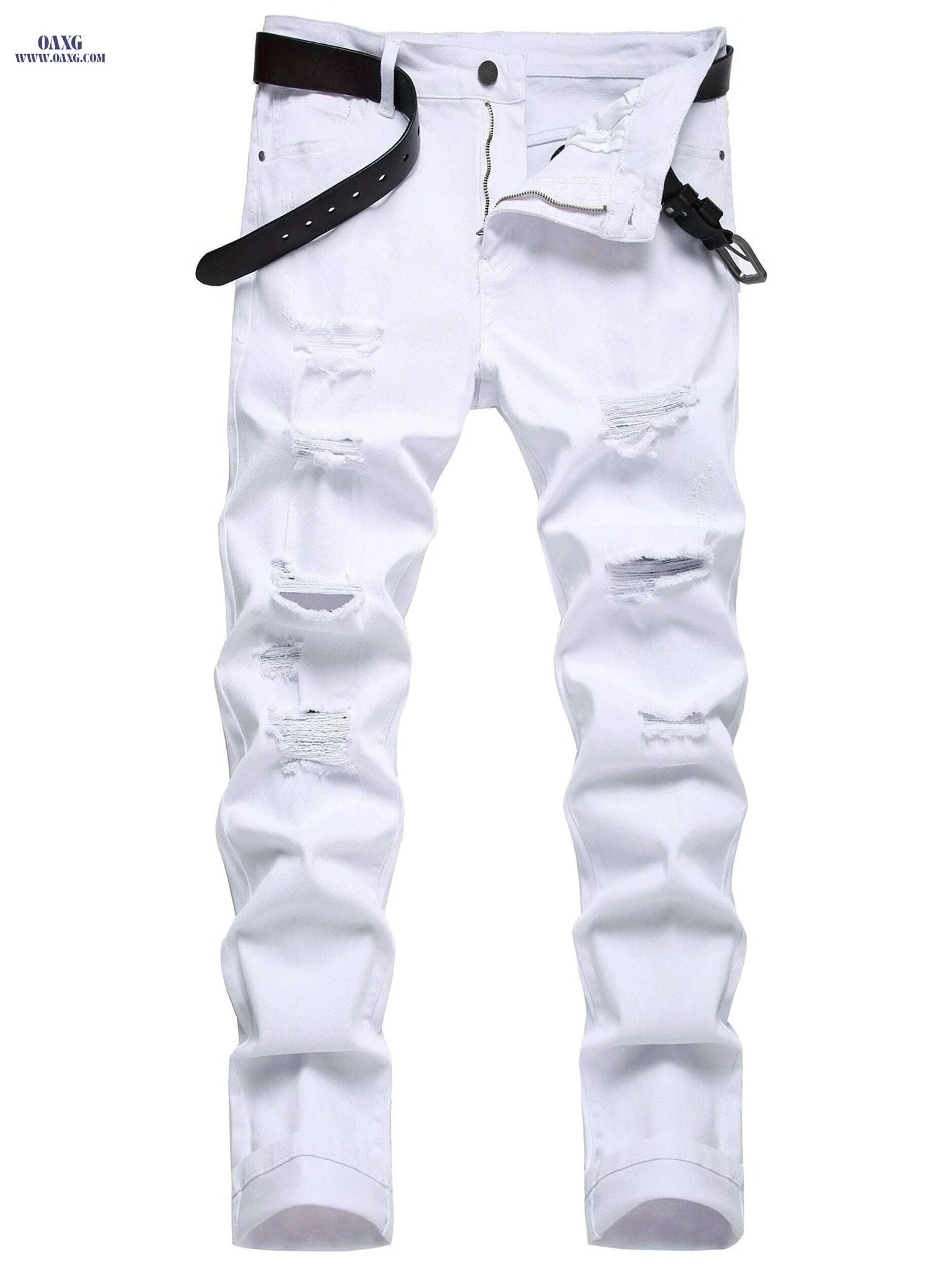 Men's Red Ripped Casual Jeans - Slim Fit, Medium Stretch Pants   OAXG 