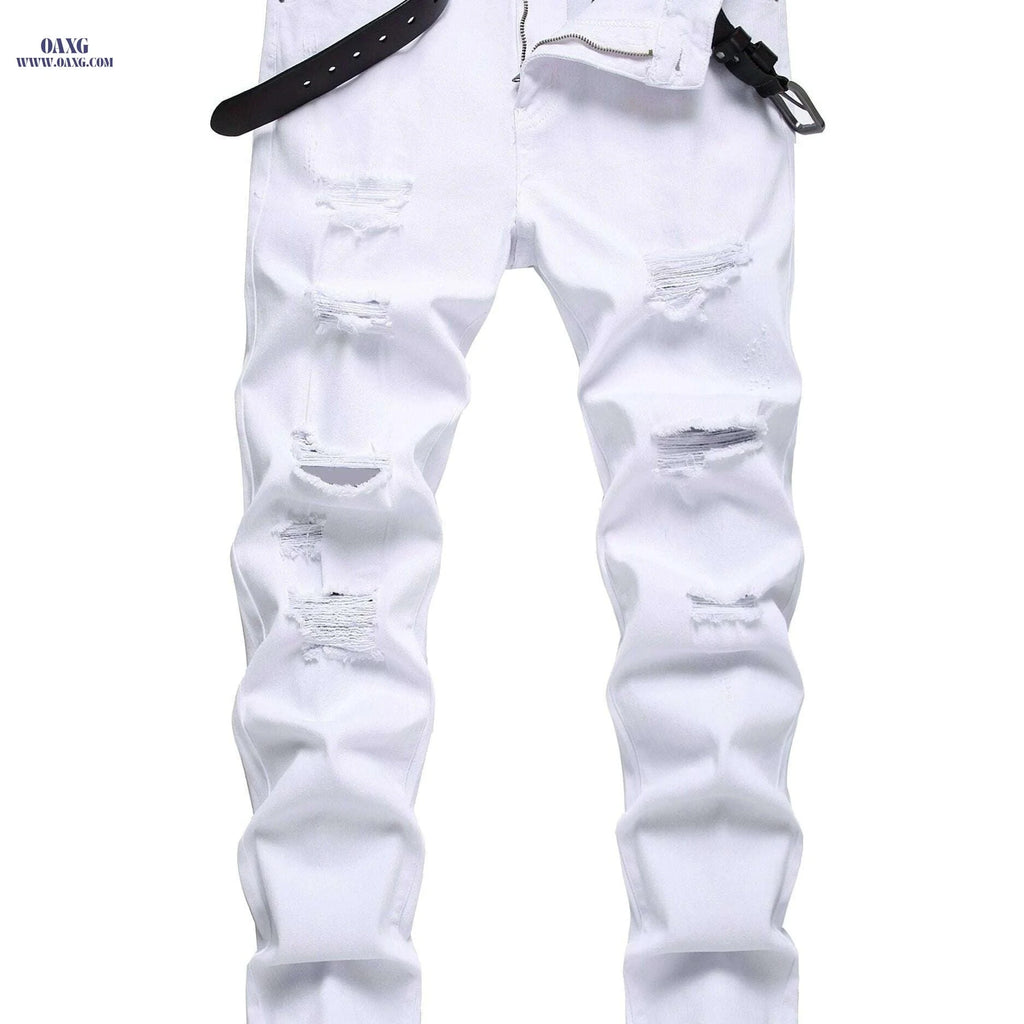 Men's Red Ripped Casual Jeans - Slim Fit, Medium Stretch Pants   OAXG White / 28