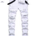 Men's Red Ripped Casual Jeans - Slim Fit, Medium Stretch Pants   OAXG White / 28