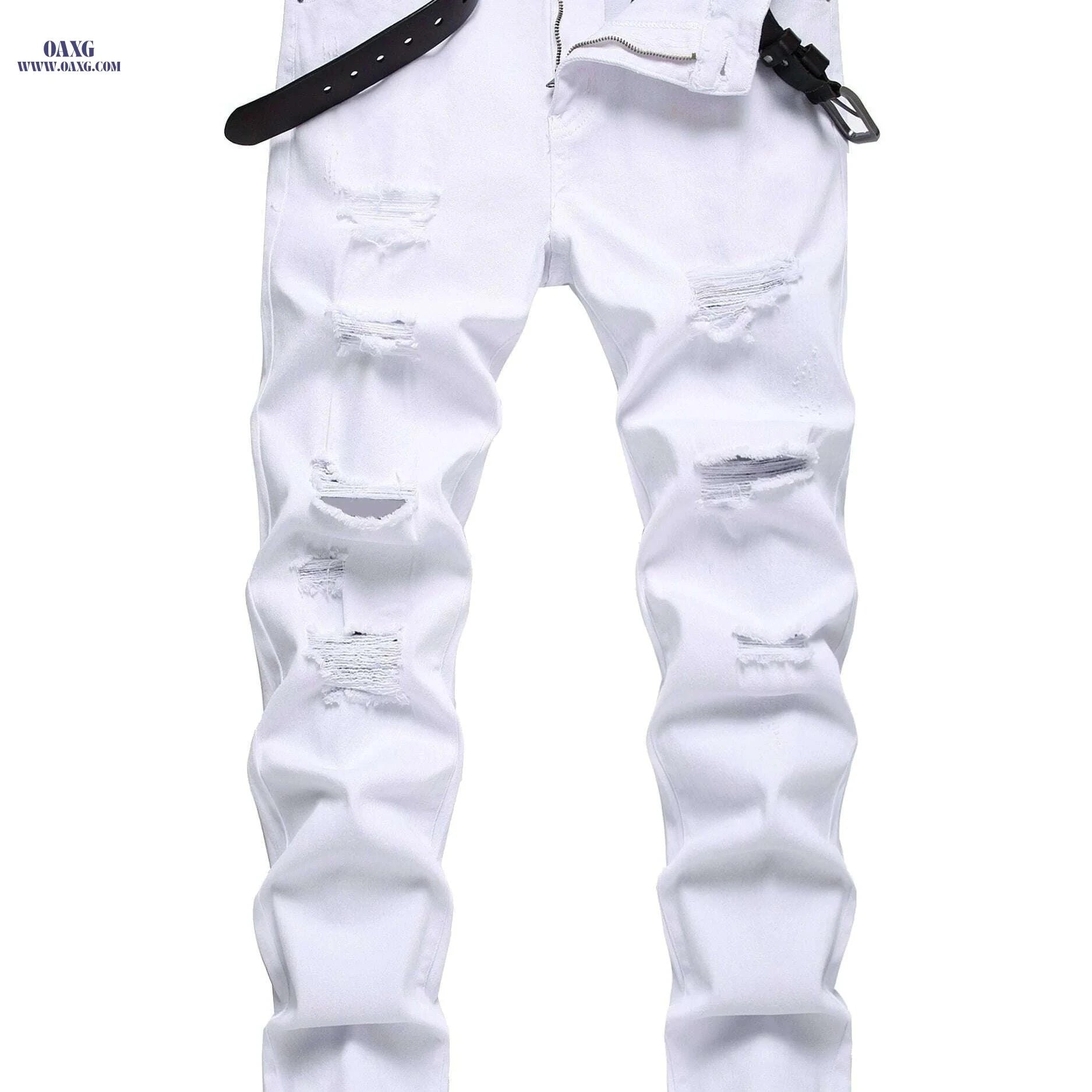 Men's Red Ripped Casual Jeans - Slim Fit, Medium Stretch Pants   OAXG White / 28