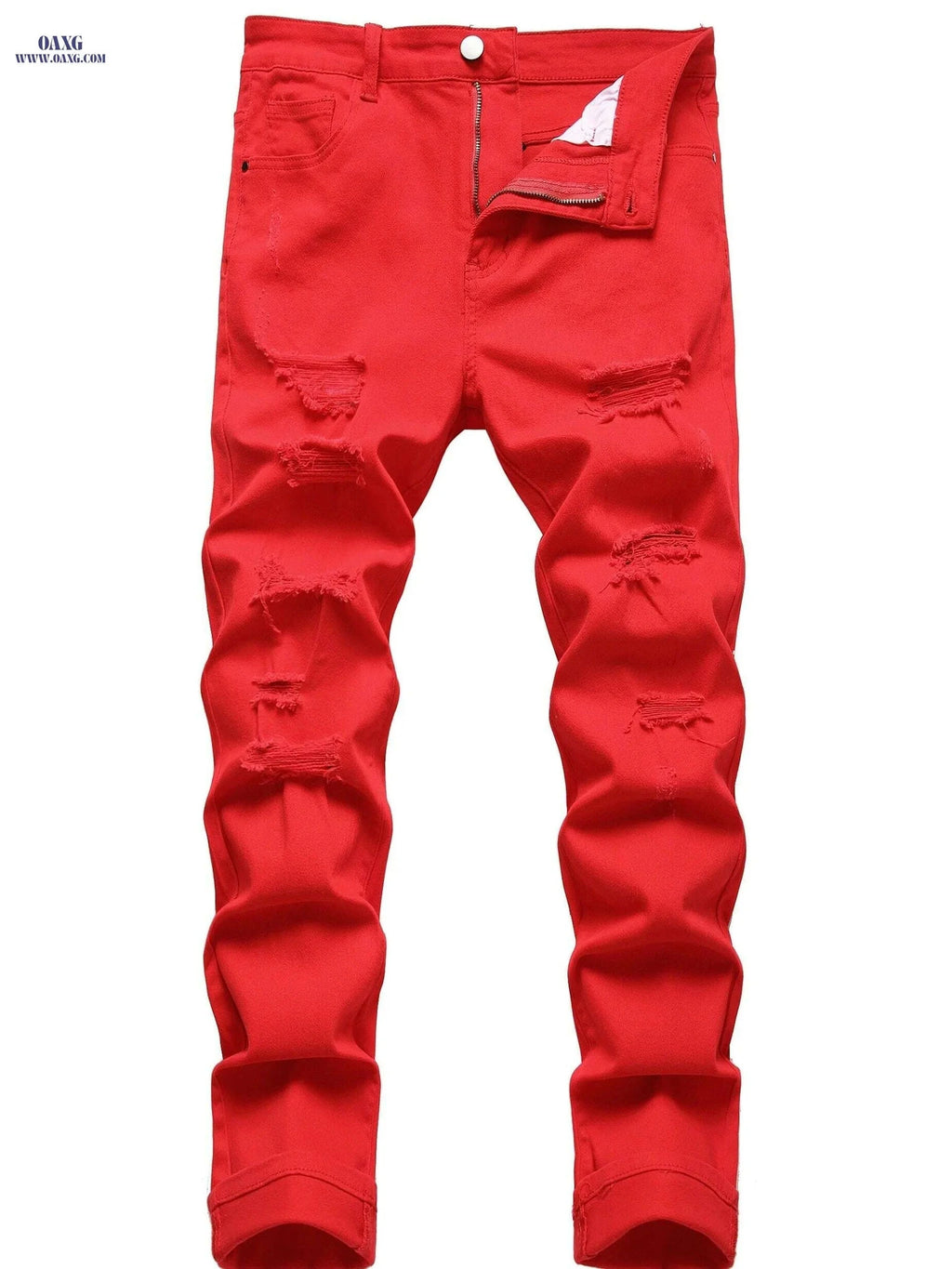 Men's Red Ripped Casual Jeans - Slim Fit, Medium Stretch Pants   OAXG White / 28