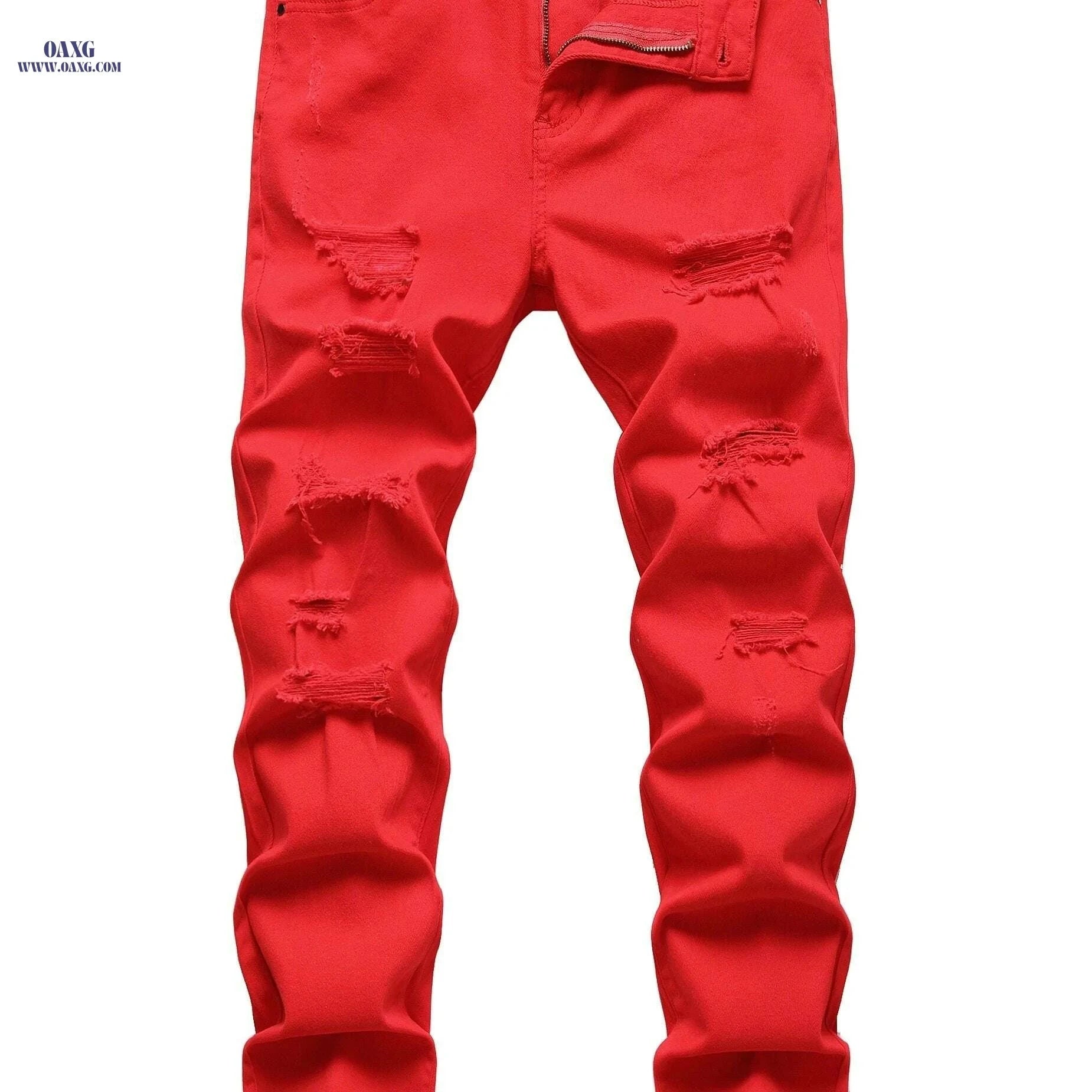Men's Red Ripped Casual Jeans - Slim Fit, Medium Stretch Pants   OAXG White / 28