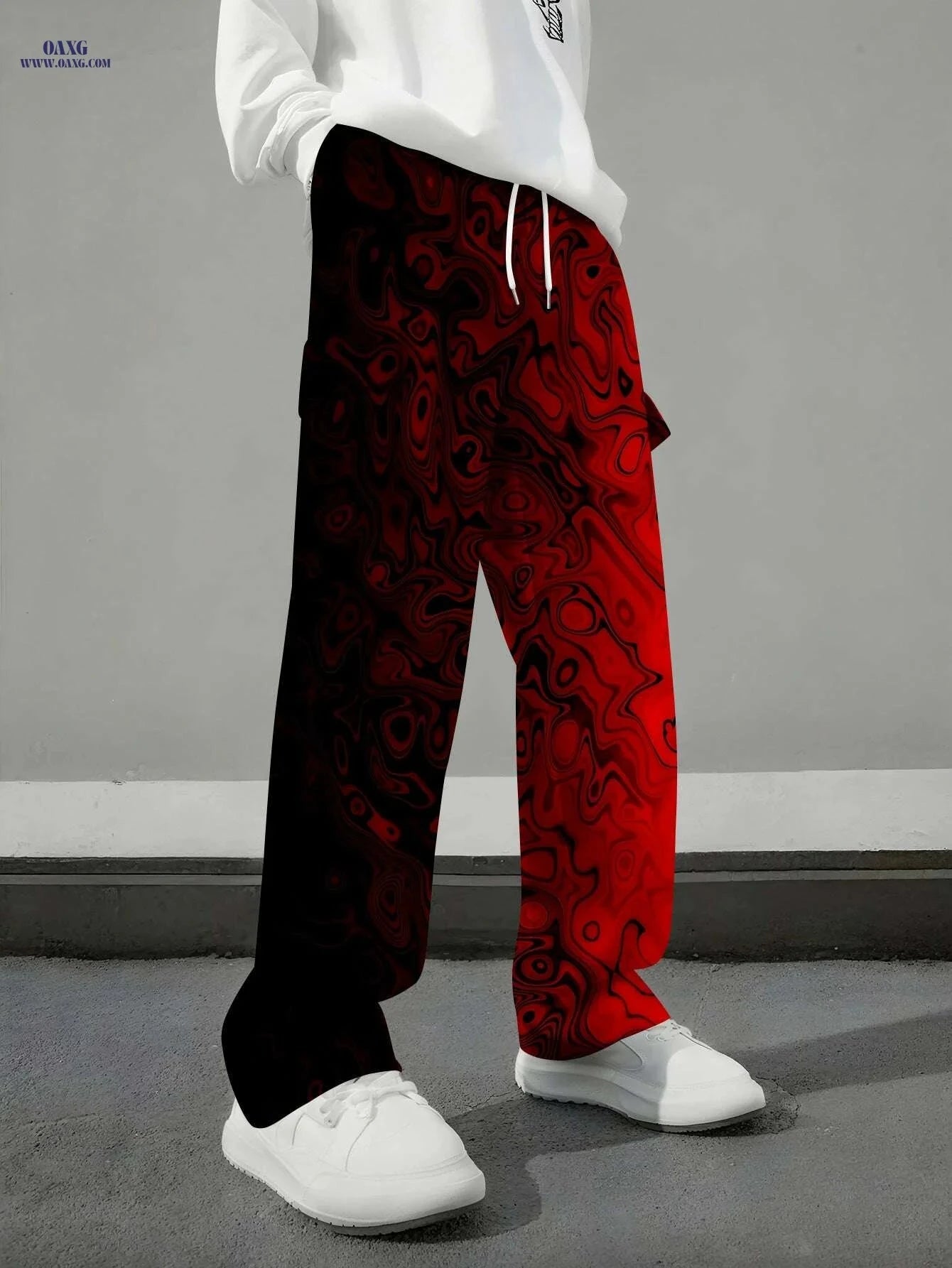 Men's Red Ripple Print Cargo Overalls - Loose Fit with Drawstring   OAXG Mixed Color / S