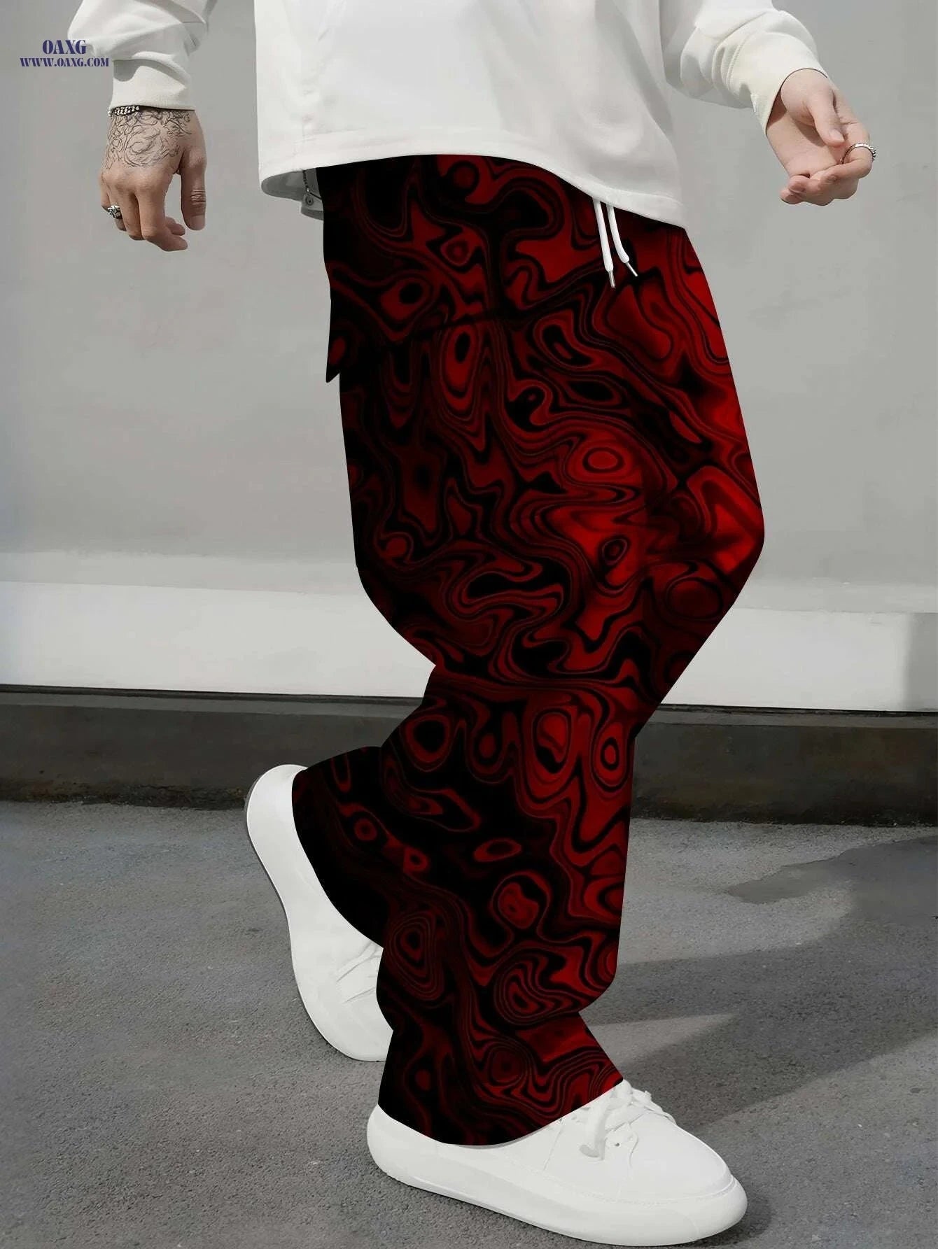 Men's Red Ripple Print Cargo Overalls - Loose Fit with Drawstring   OAXG Mixed Color / S