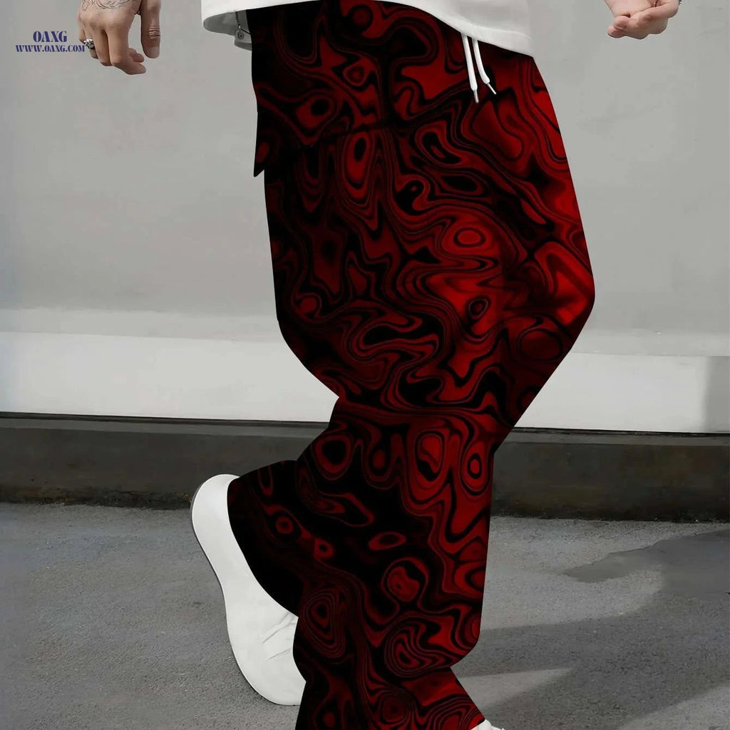 Men's Red Ripple Print Cargo Overalls - Loose Fit with Drawstring   OAXG Mixed Color / S