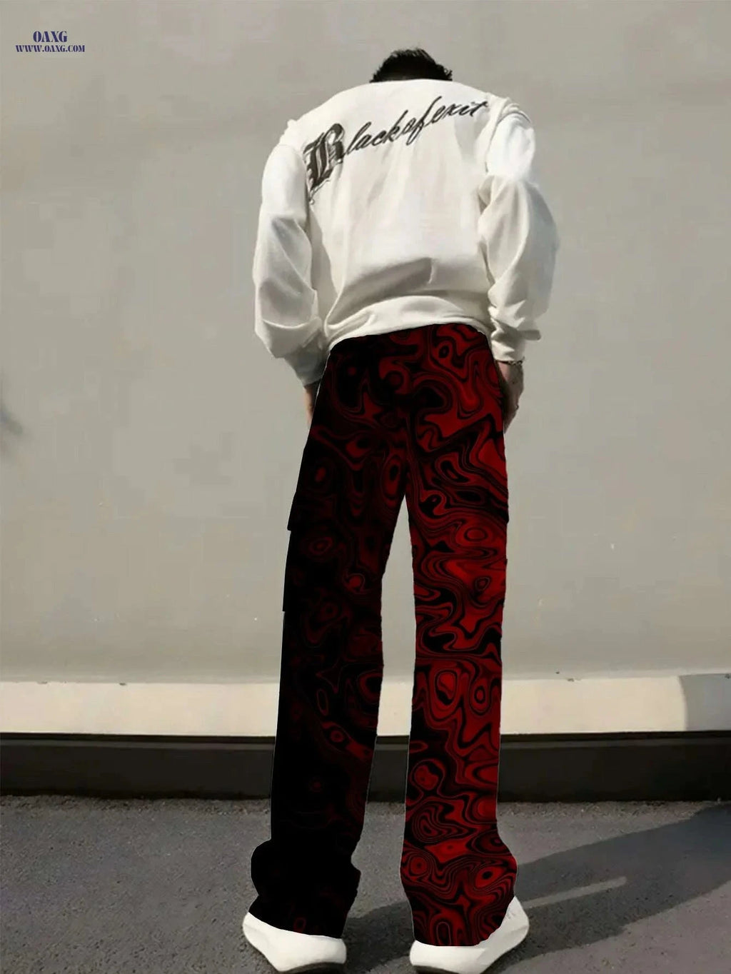 Men's Red Ripple Print Cargo Overalls - Loose Fit with Drawstring   OAXG 