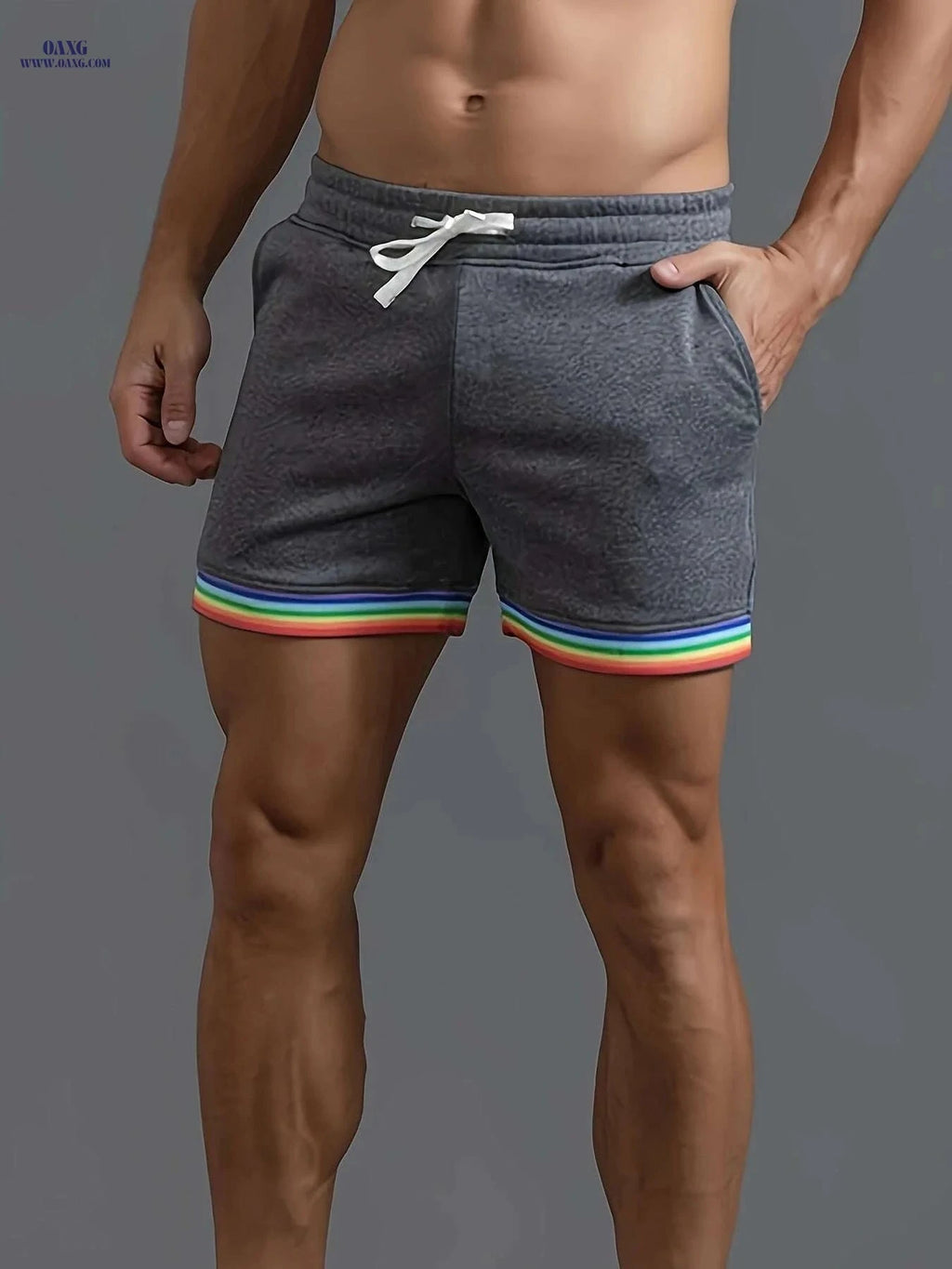 Men's Regular Fit Shorts - Solid Color with Colorful Stripe Design   OAXG White / S