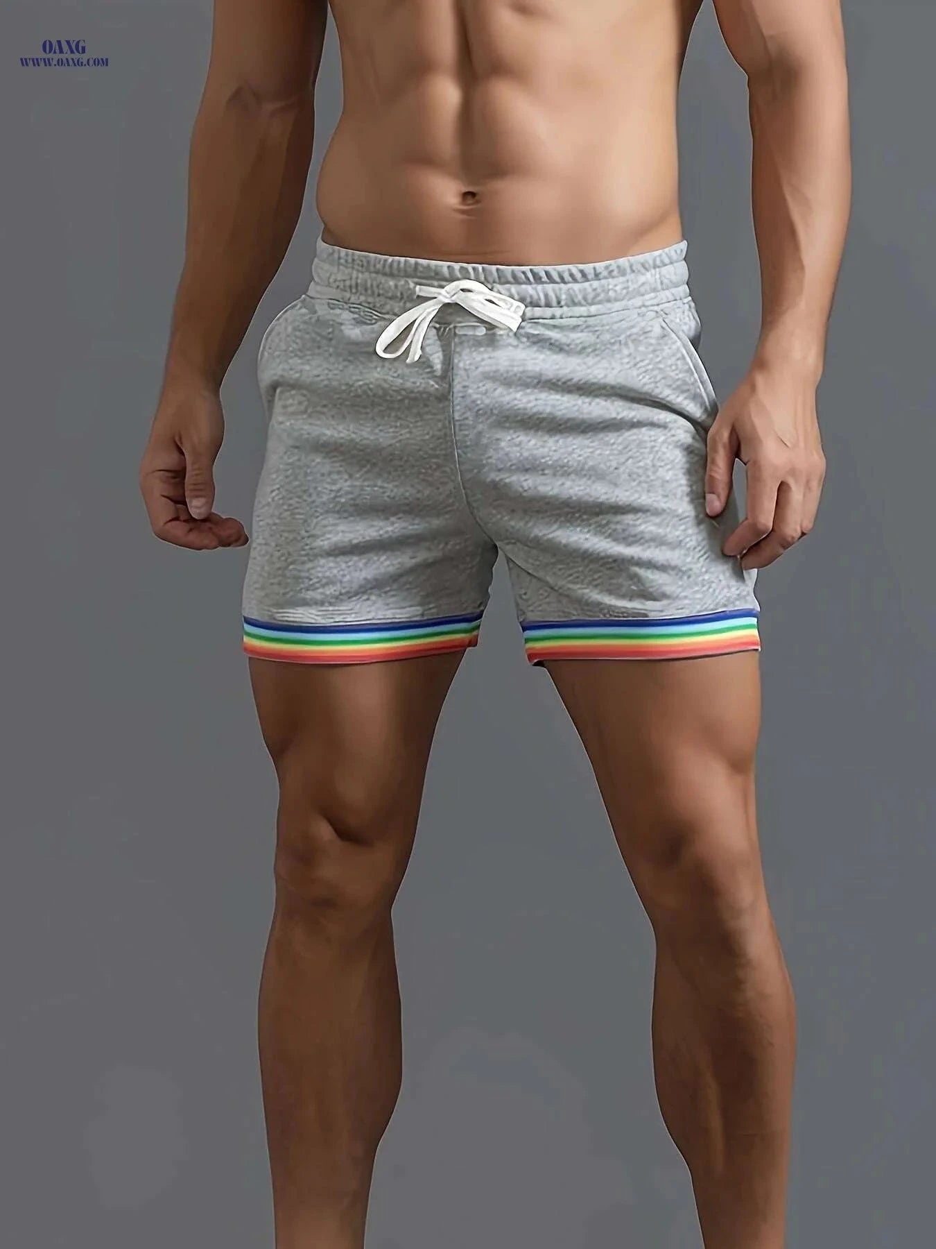 Men's Regular Fit Shorts - Solid Color with Colorful Stripe Design   OAXG White / S