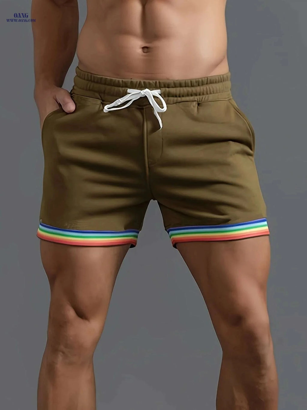 Men's Regular Fit Shorts - Solid Color with Colorful Stripe Design   OAXG White / S