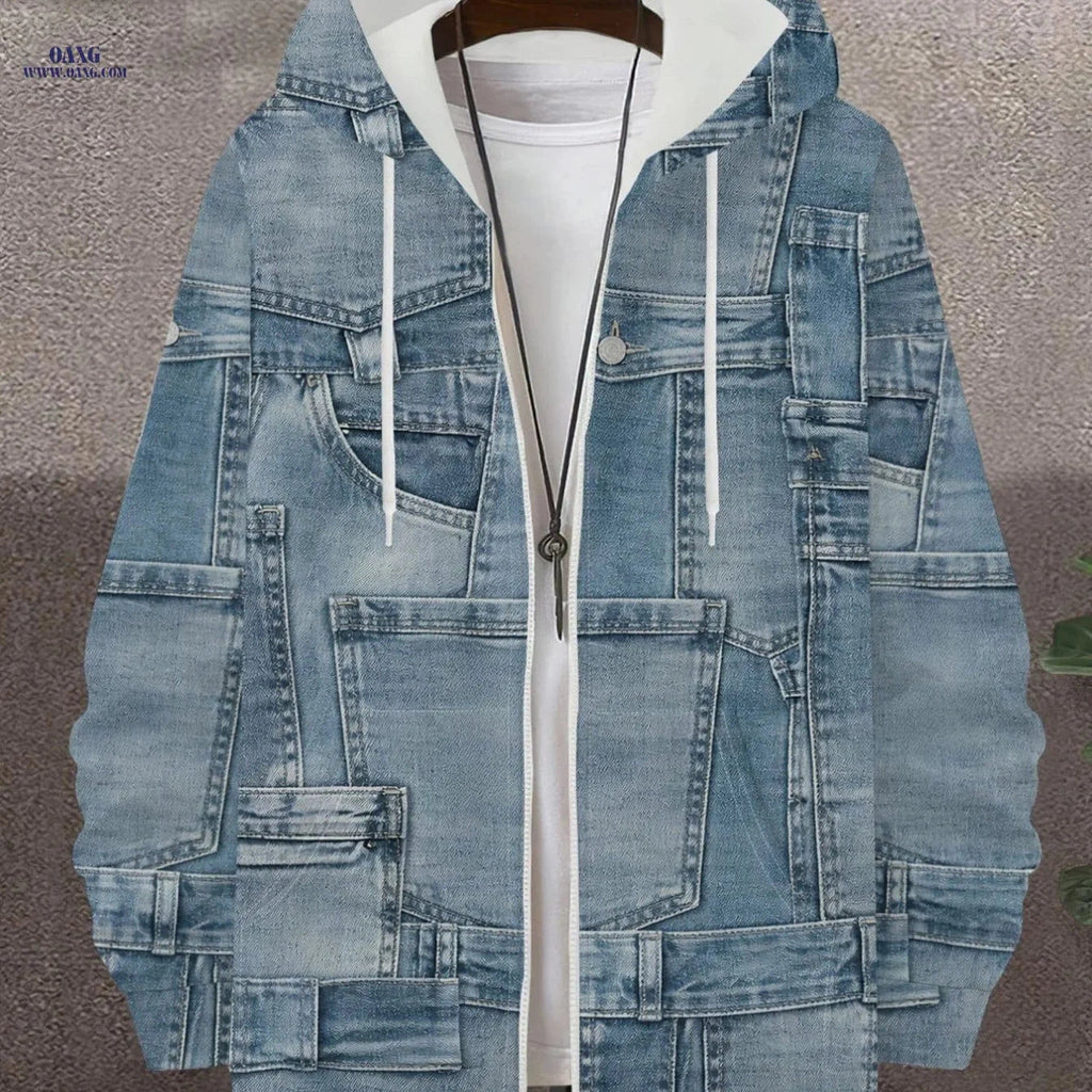 Men's Retro Denim Hooded Zipper Sweatshirt - Stylish Multi-pocket Casual   OAXG 