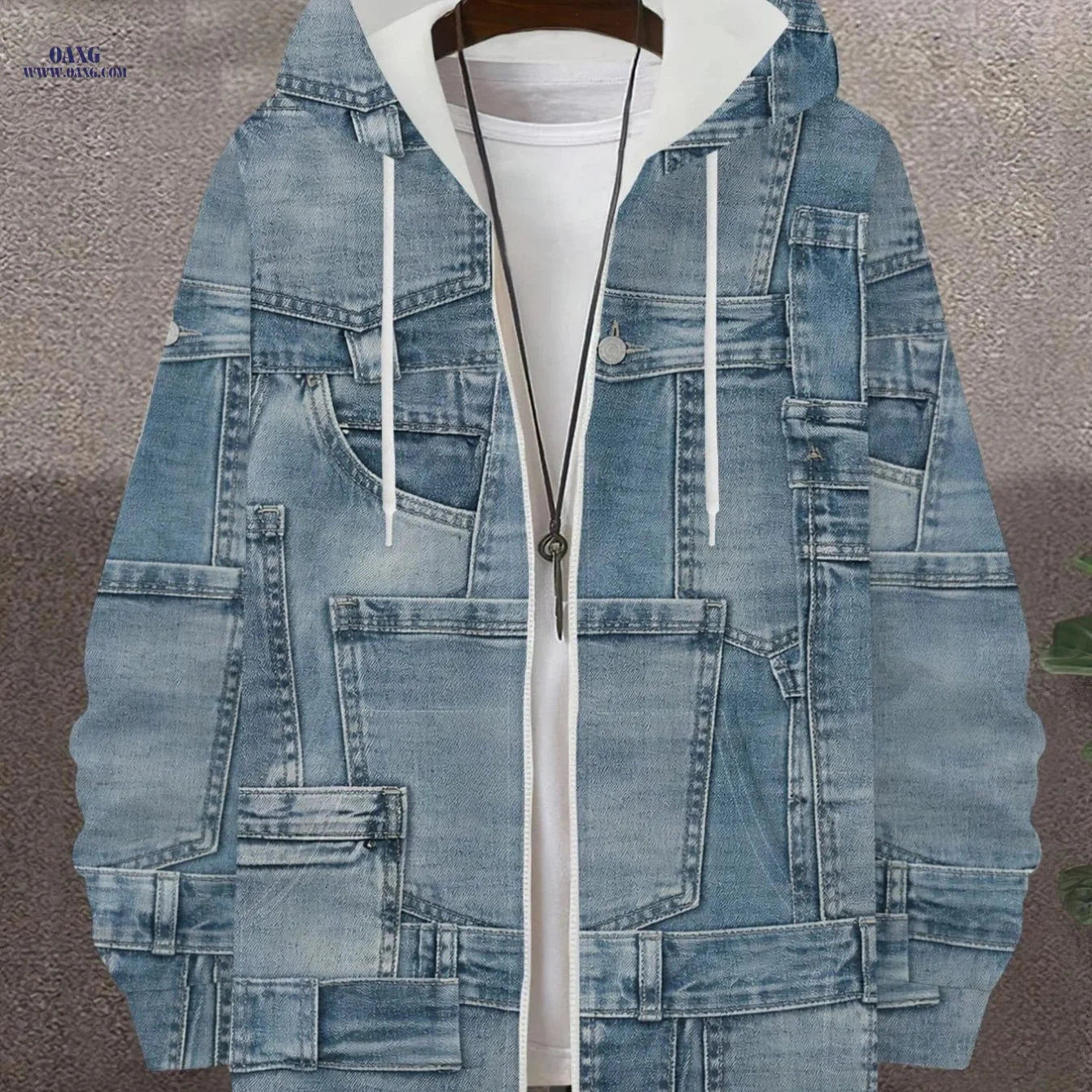 Men's Retro Denim Hooded Zipper Sweatshirt - Stylish Multi-pocket Casual   OAXG 