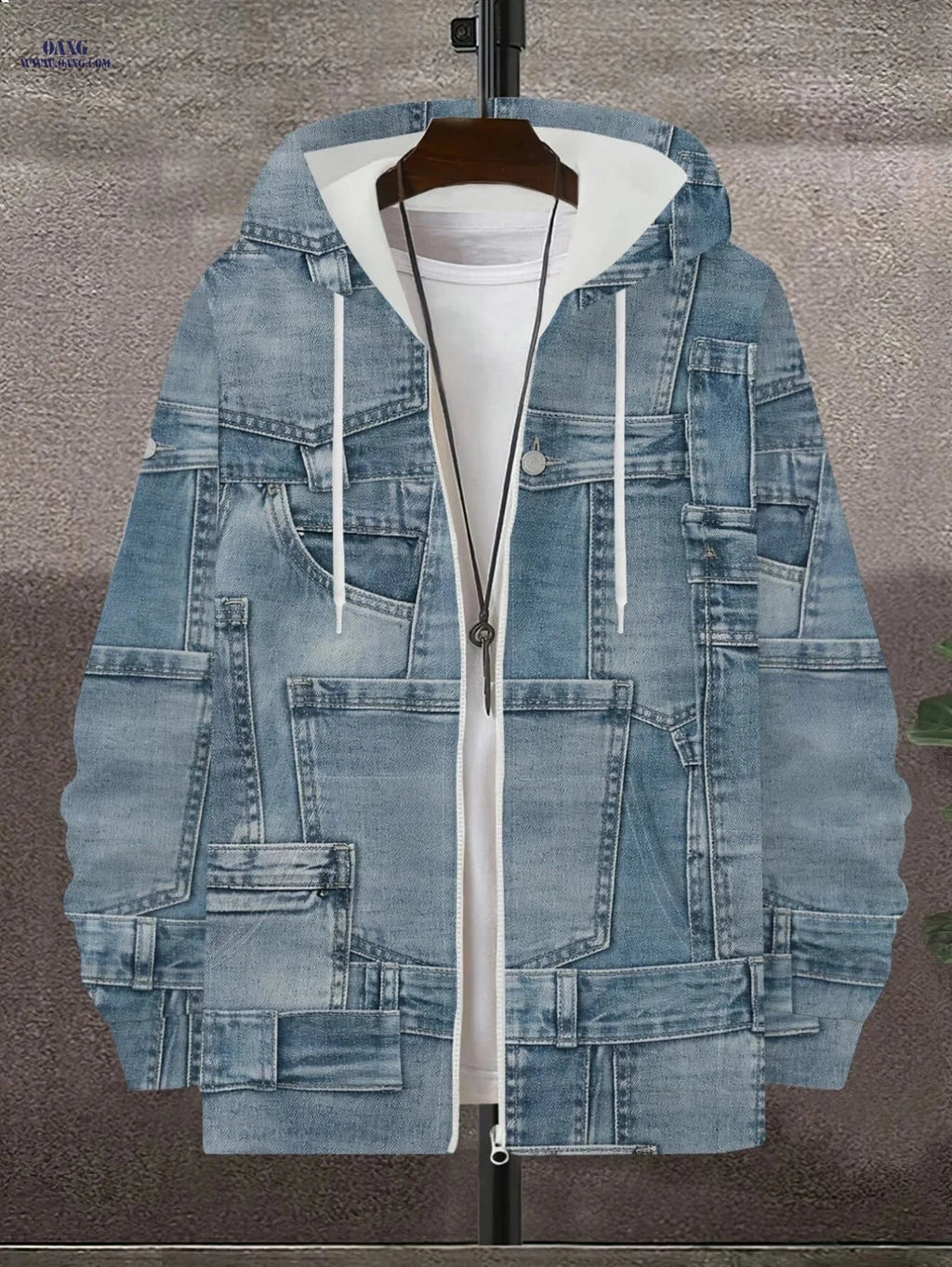 Men's Retro Denim Hooded Zipper Sweatshirt - Stylish Multi-pocket Casual   OAXG 
