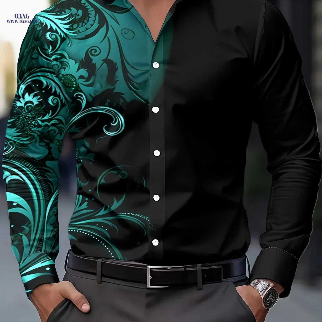 Men's Retro Floral Gradient Button-Up Shirt - Casual & Formal Wear   OAXG 