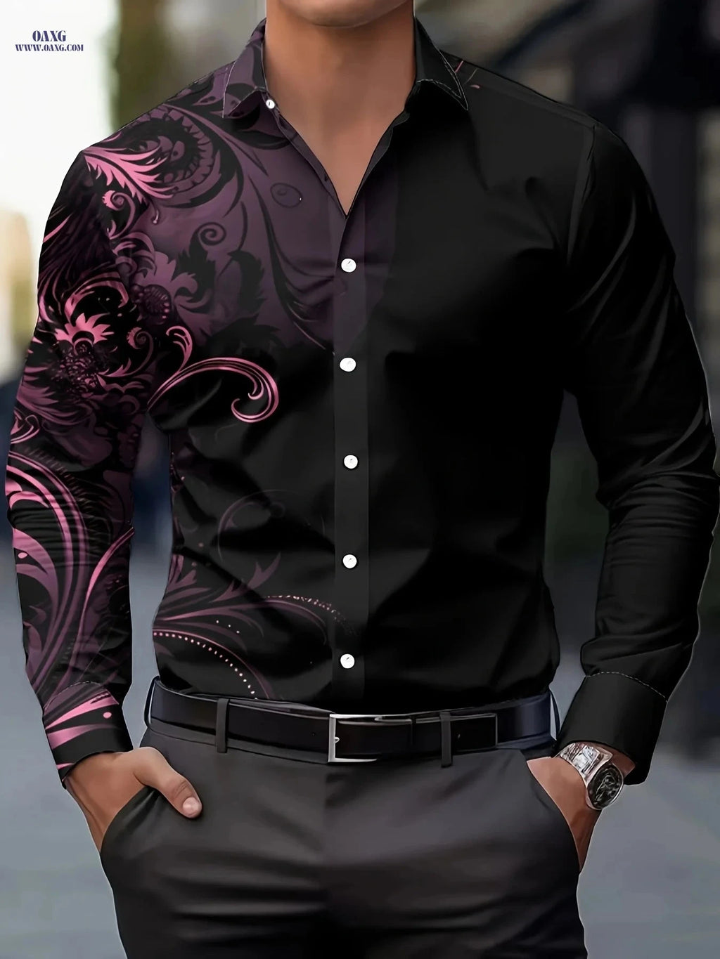 Men's Retro Floral Gradient Button-Up Shirt - Casual & Formal Wear   OAXG 