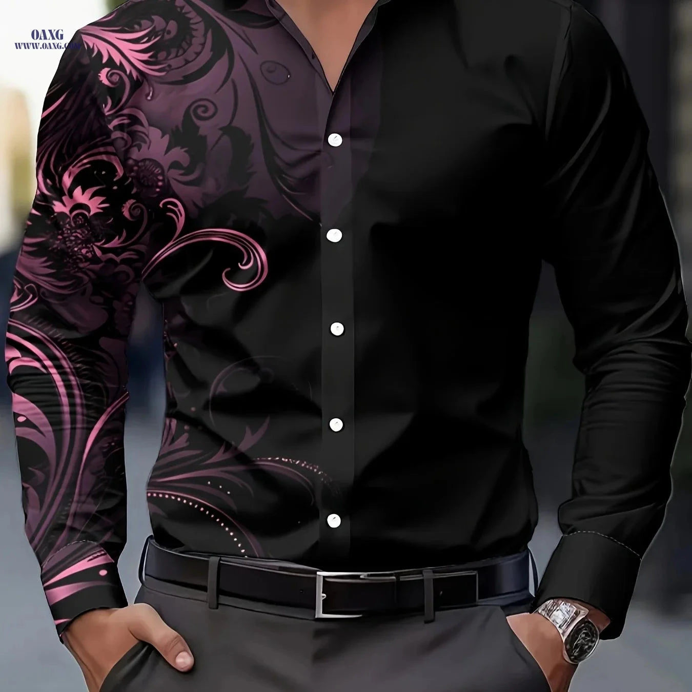 Men's Retro Floral Gradient Button-Up Shirt - Casual & Formal Wear   OAXG Black / FR S