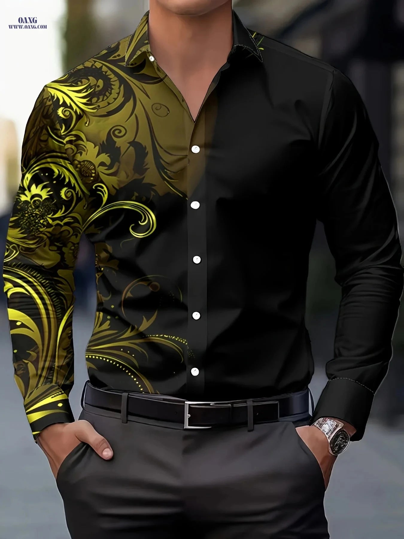 Men's Retro Floral Gradient Button-Up Shirt - Casual & Formal Wear   OAXG Black / FR S
