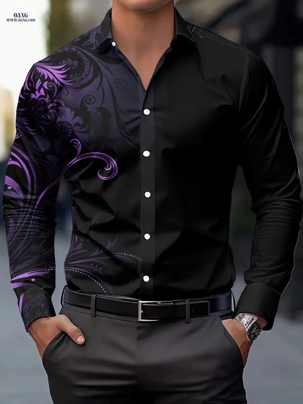 Men's Retro Floral Gradient Button-Up Shirt - Casual & Formal Wear   OAXG Black / FR S