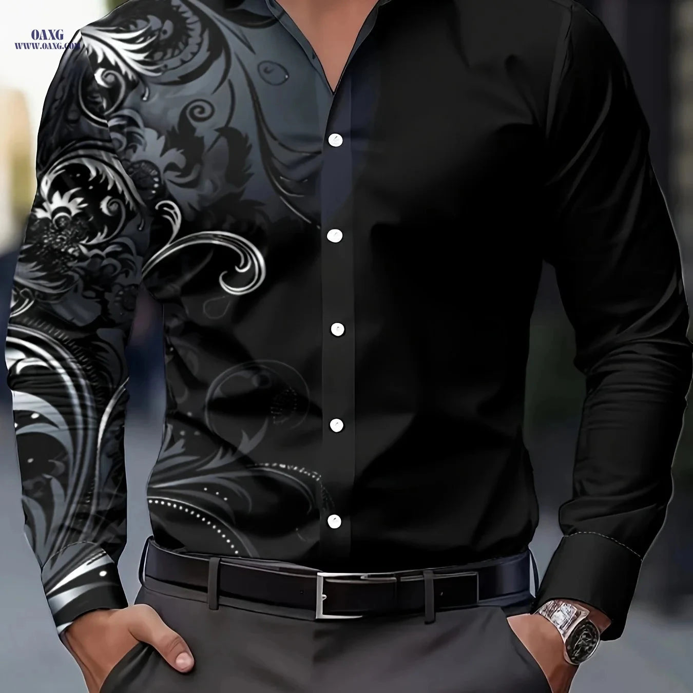Men's Retro Floral Gradient Button-Up Shirt - Casual & Formal Wear   OAXG Black / FR S