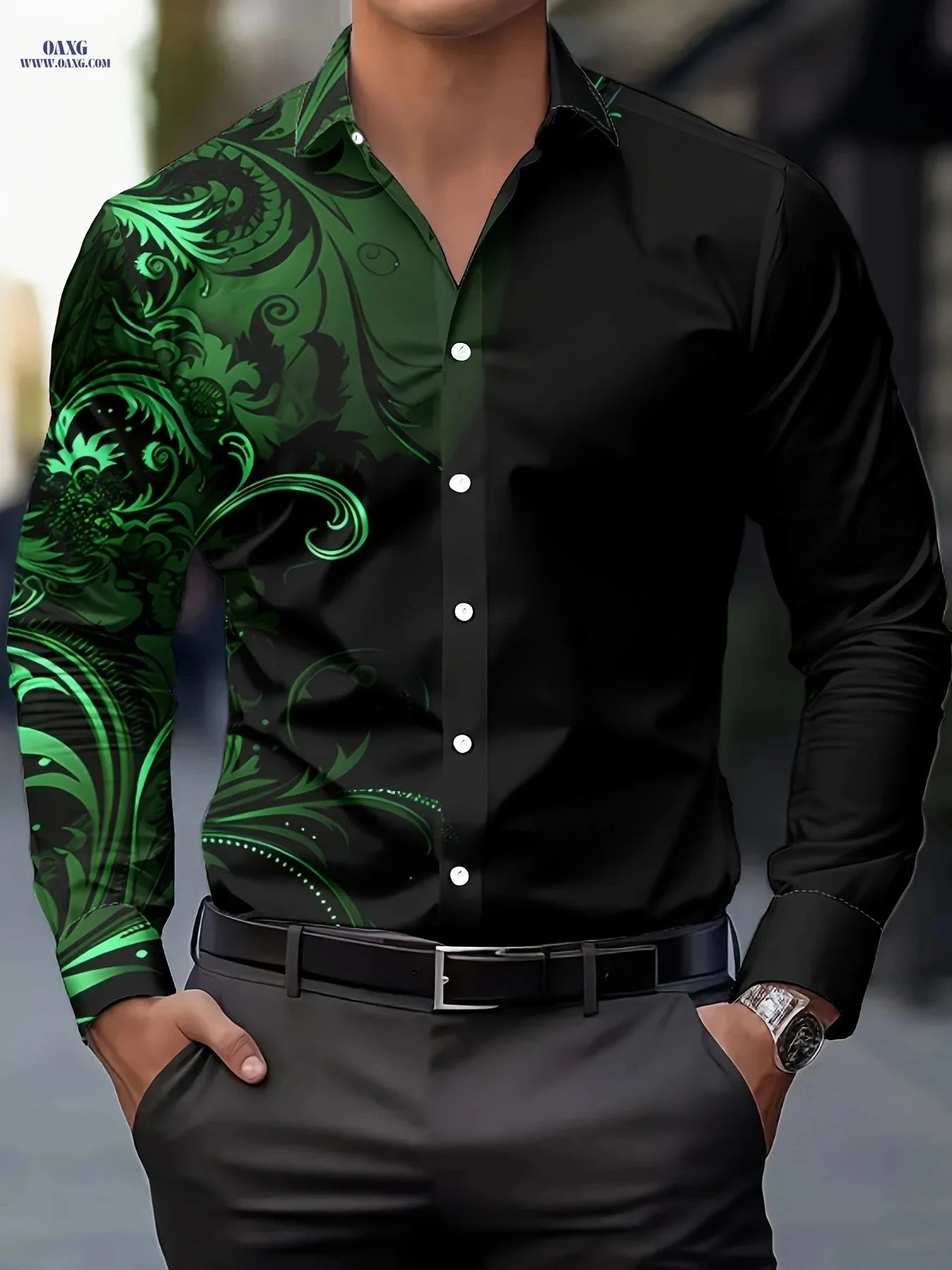 Men's Retro Floral Gradient Button-Up Shirt - Casual & Formal Wear   OAXG Black / FR S
