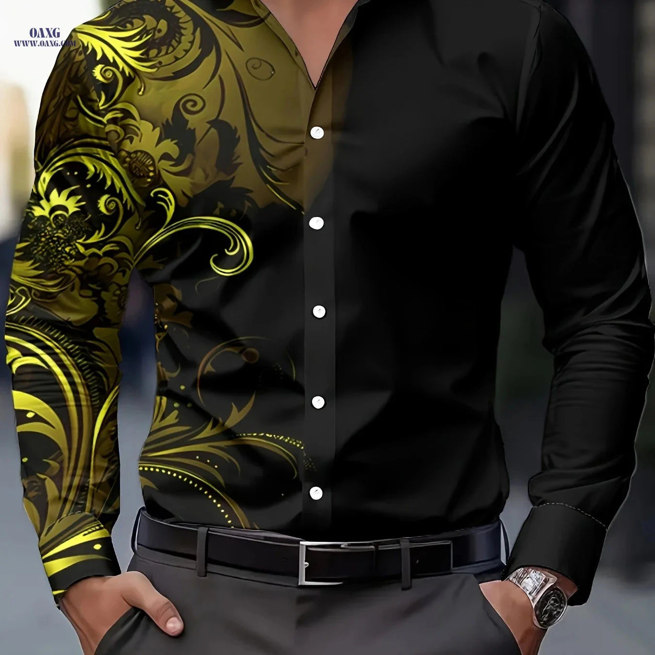 Men's Retro Floral Gradient Button-Up Shirt - Casual & Formal Wear   OAXG 