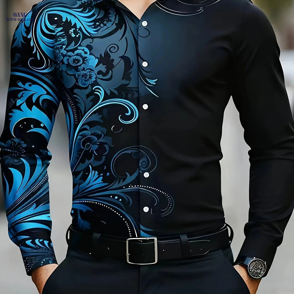 Men's Retro Floral Long Sleeve Shirt - Elegant Casual Wear for All Seasons   OAXG 