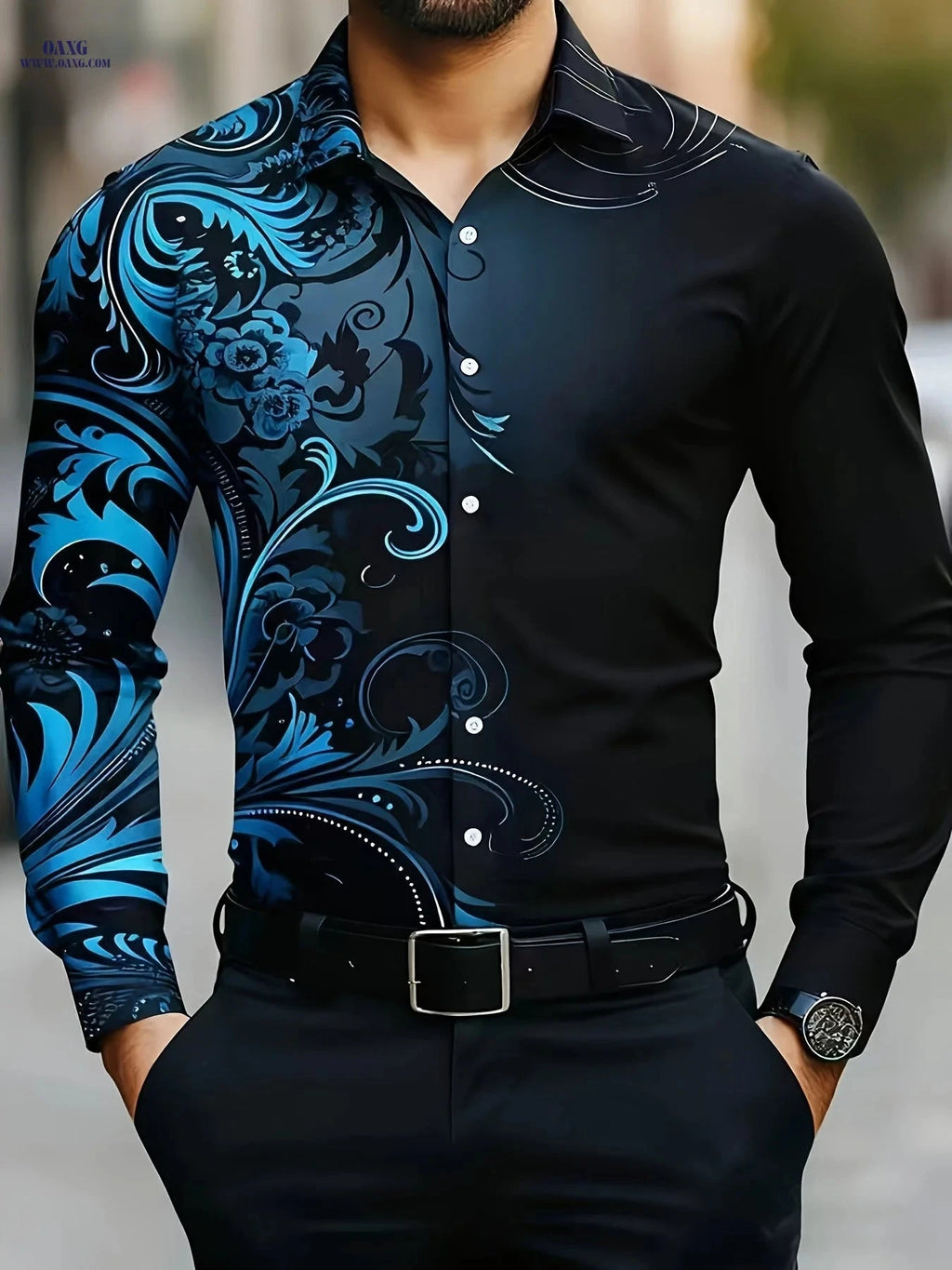 Men's Retro Floral Long Sleeve Shirt - Elegant Casual Wear for All Seasons   OAXG Black / FR M