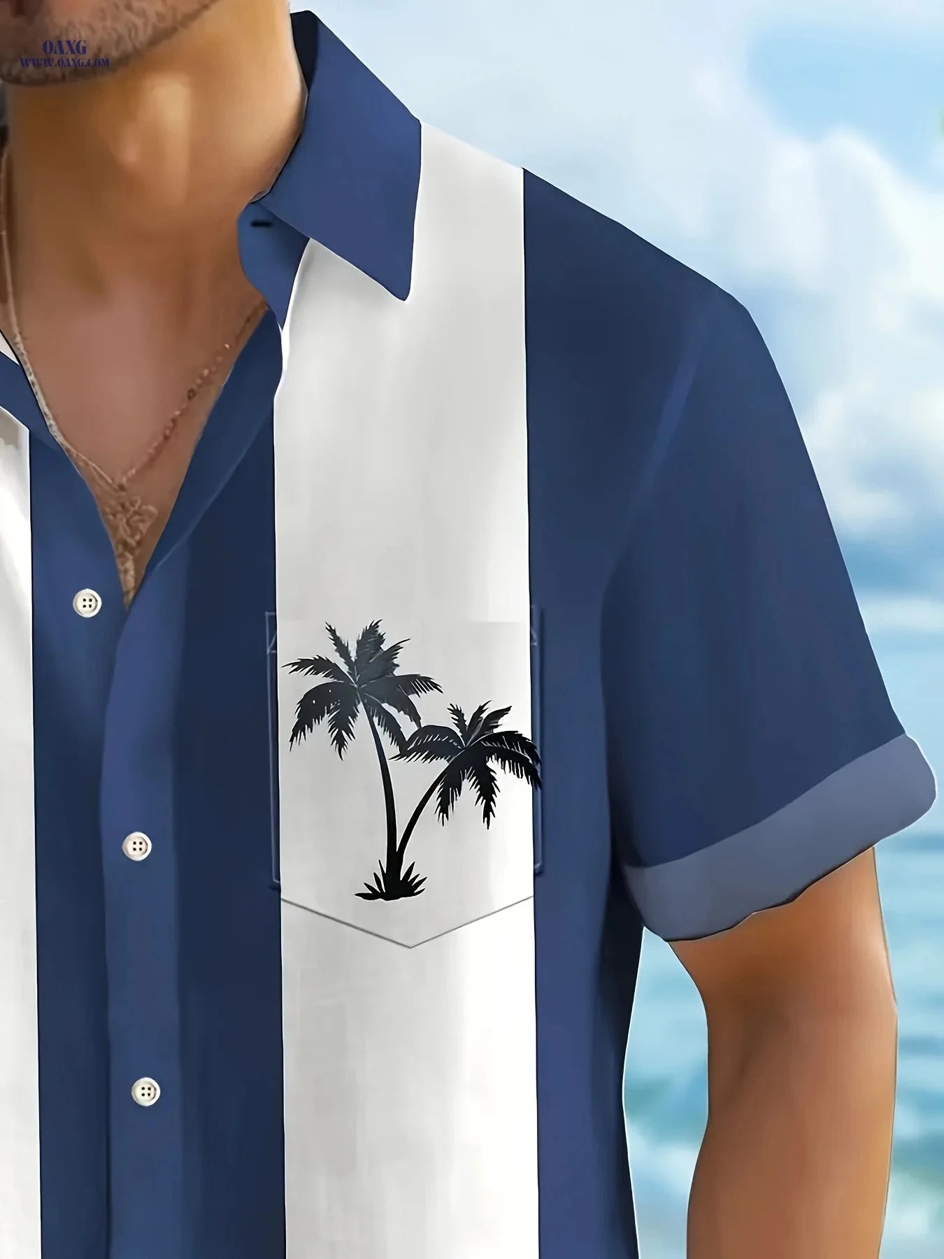 Men's Retro Hawaiian Shirt - 3D Palm Tree Print, Casual Button-Up   OAXG 
