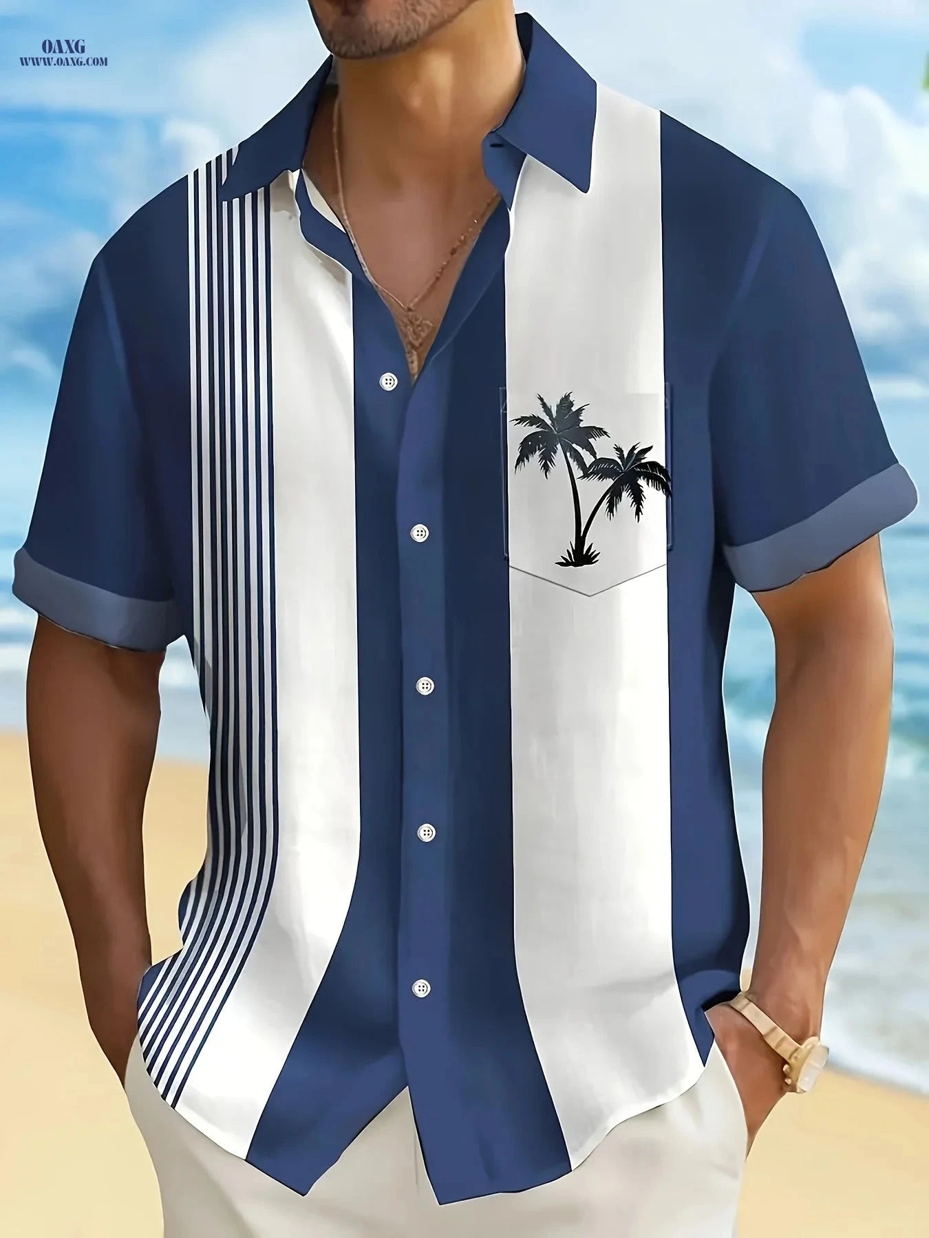 Men's Retro Hawaiian Shirt - 3D Palm Tree Print, Casual Button-Up   OAXG Image Color / FR M