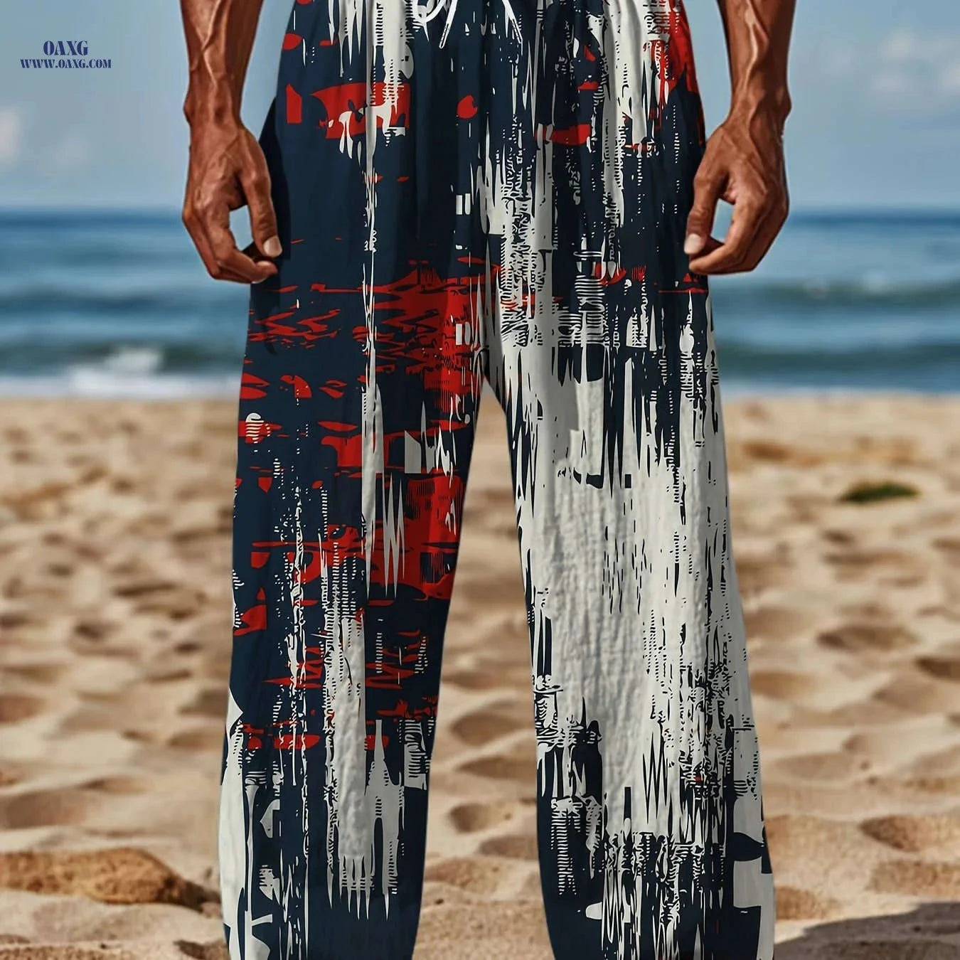Men's Retro Loose-Fit Beach Pants - Casual Drawstring, Abstract Print   OAXG 