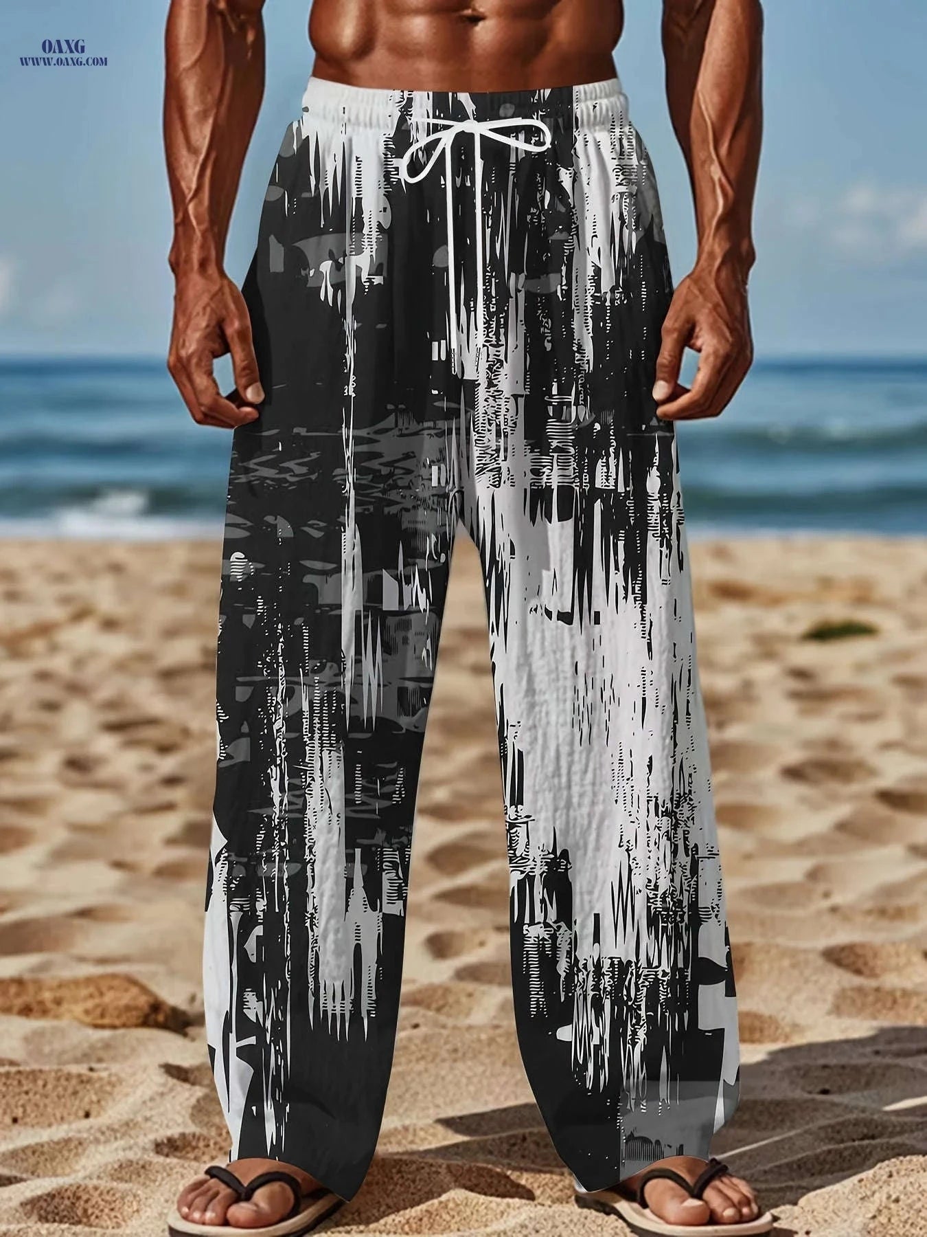 Men's Retro Loose-Fit Beach Pants - Casual Drawstring, Abstract Print   OAXG 