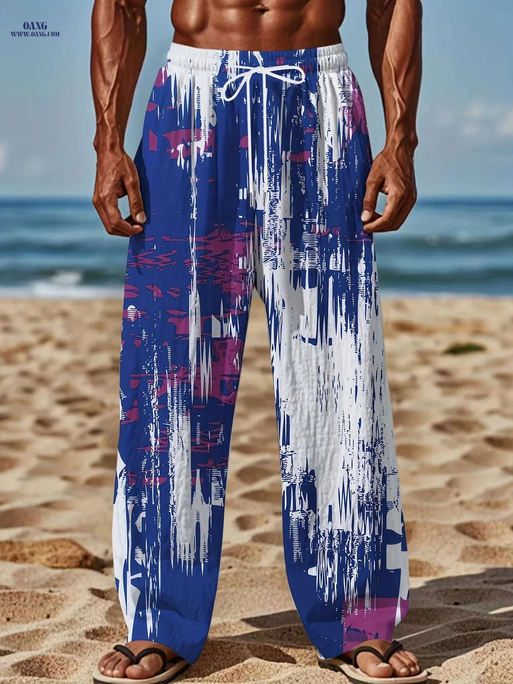 Men's Retro Loose-Fit Beach Pants - Casual Drawstring, Abstract Print   OAXG Mixed Color / FR M