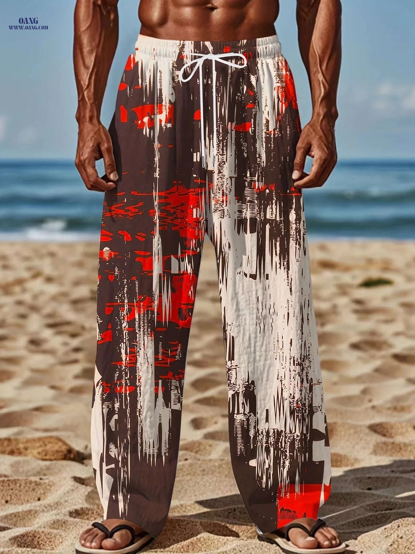 Men's Retro Loose-Fit Beach Pants - Casual Drawstring, Abstract Print   OAXG Mixed Color / FR M