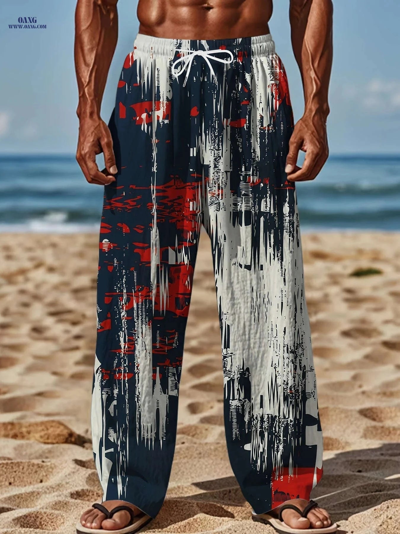 Men's Retro Loose-Fit Beach Pants - Casual Drawstring, Abstract Print   OAXG Mixed Color / FR M