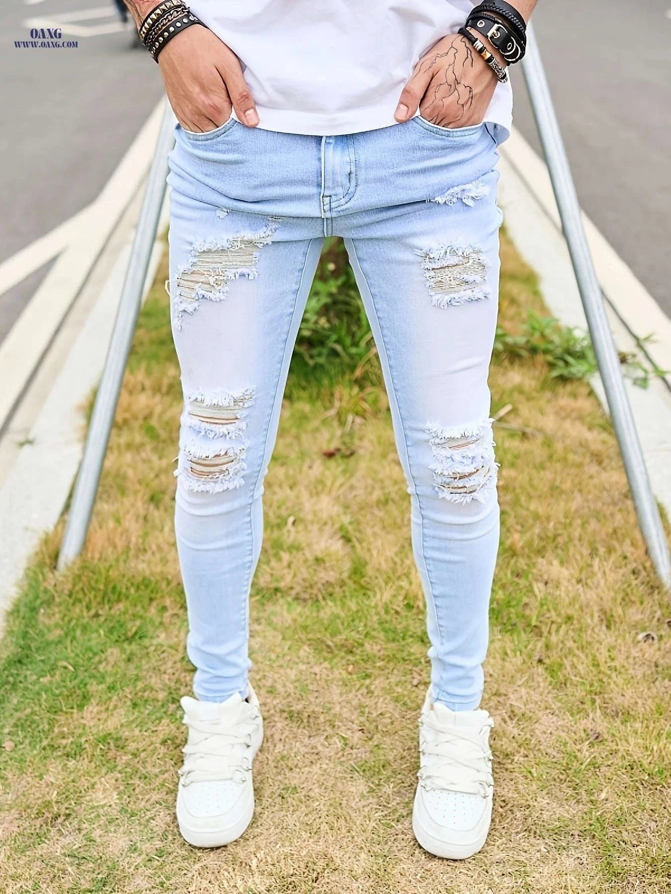 Men's Ripped Denim Jeans - European Style, Skinny Fit, Medium Stretch   OAXG Blue / FR S