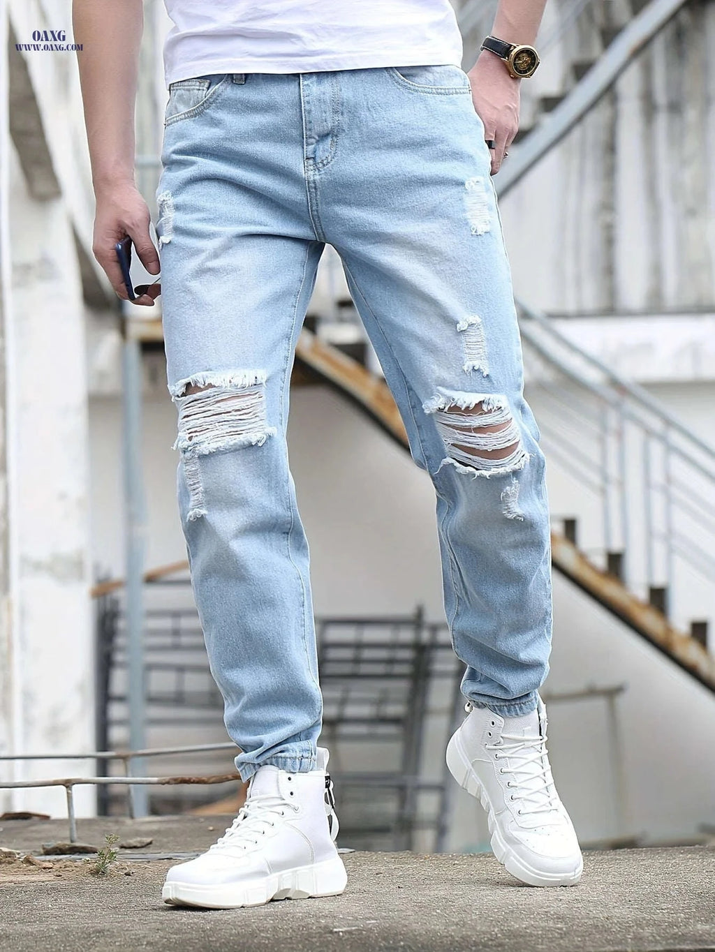 Men's Ripped Jeans - Casual Mid Waist Denim for Spring/Fall Wear   OAXG 